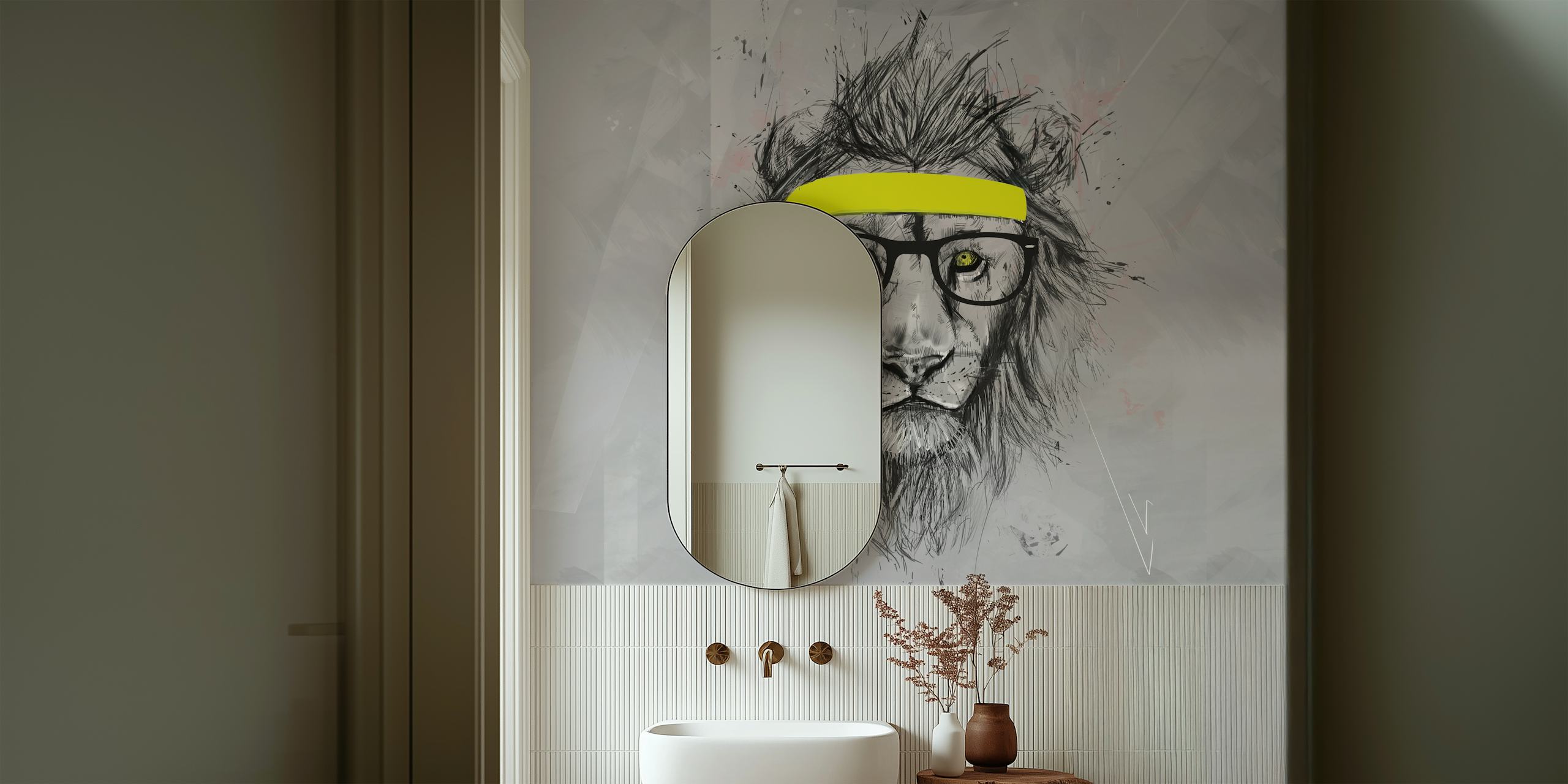 Black and white illustrated lion with a hip headband wall mural