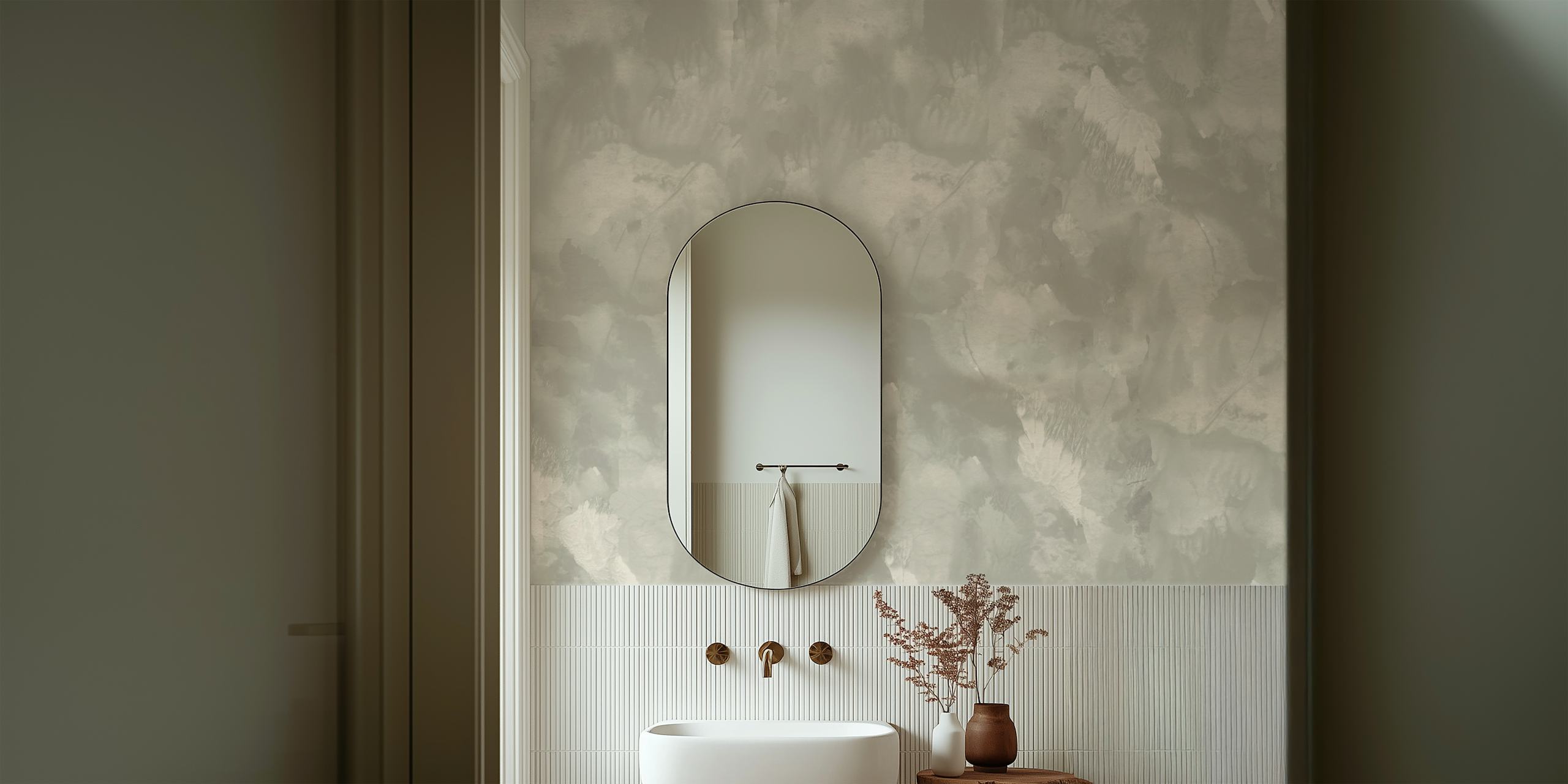 Abstract neutral brush stroke wallpaper in soft beige and gray tones.