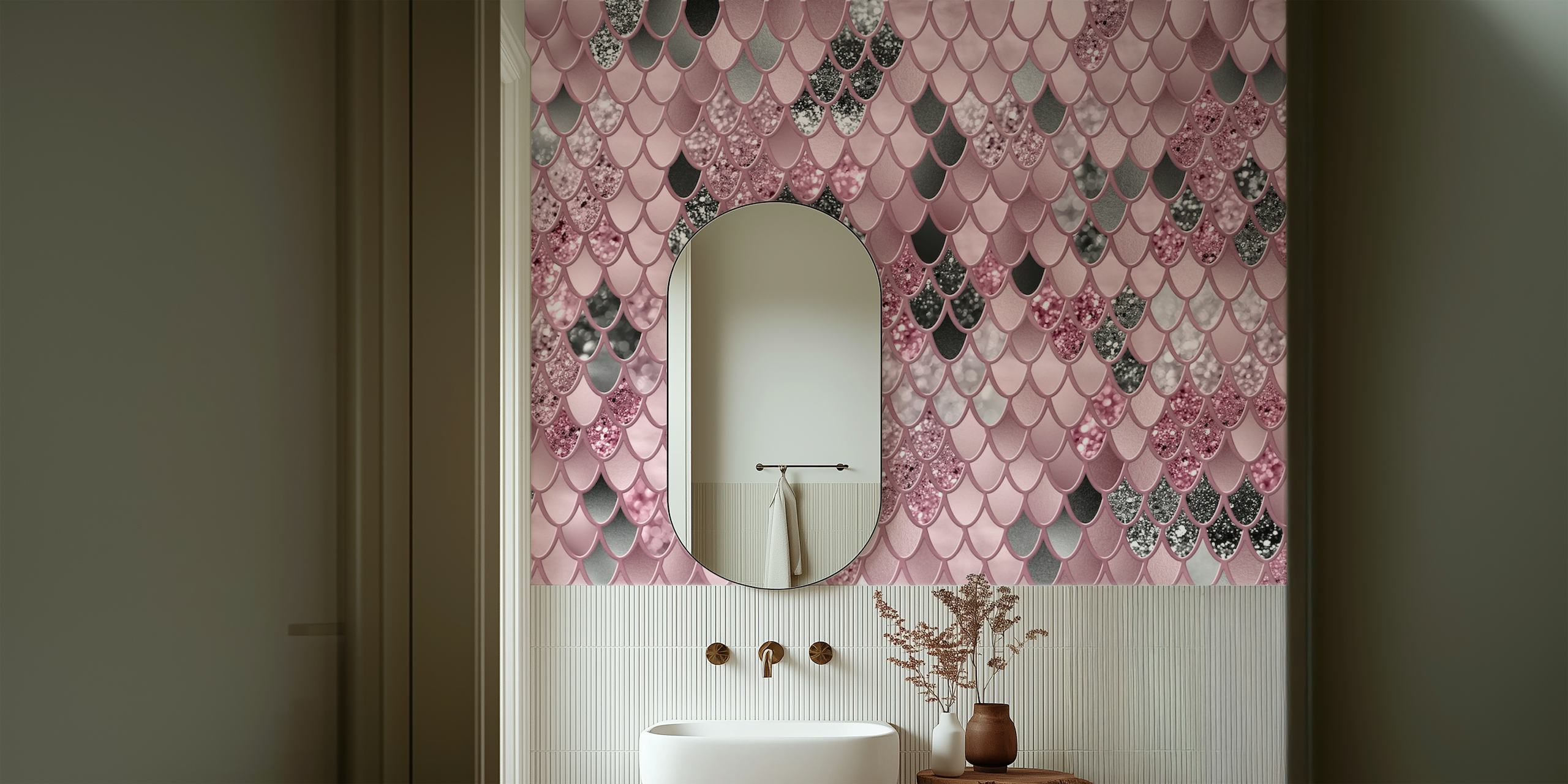 Mermaid scale pattern in blush pink, black, and silver glitter wallpaper