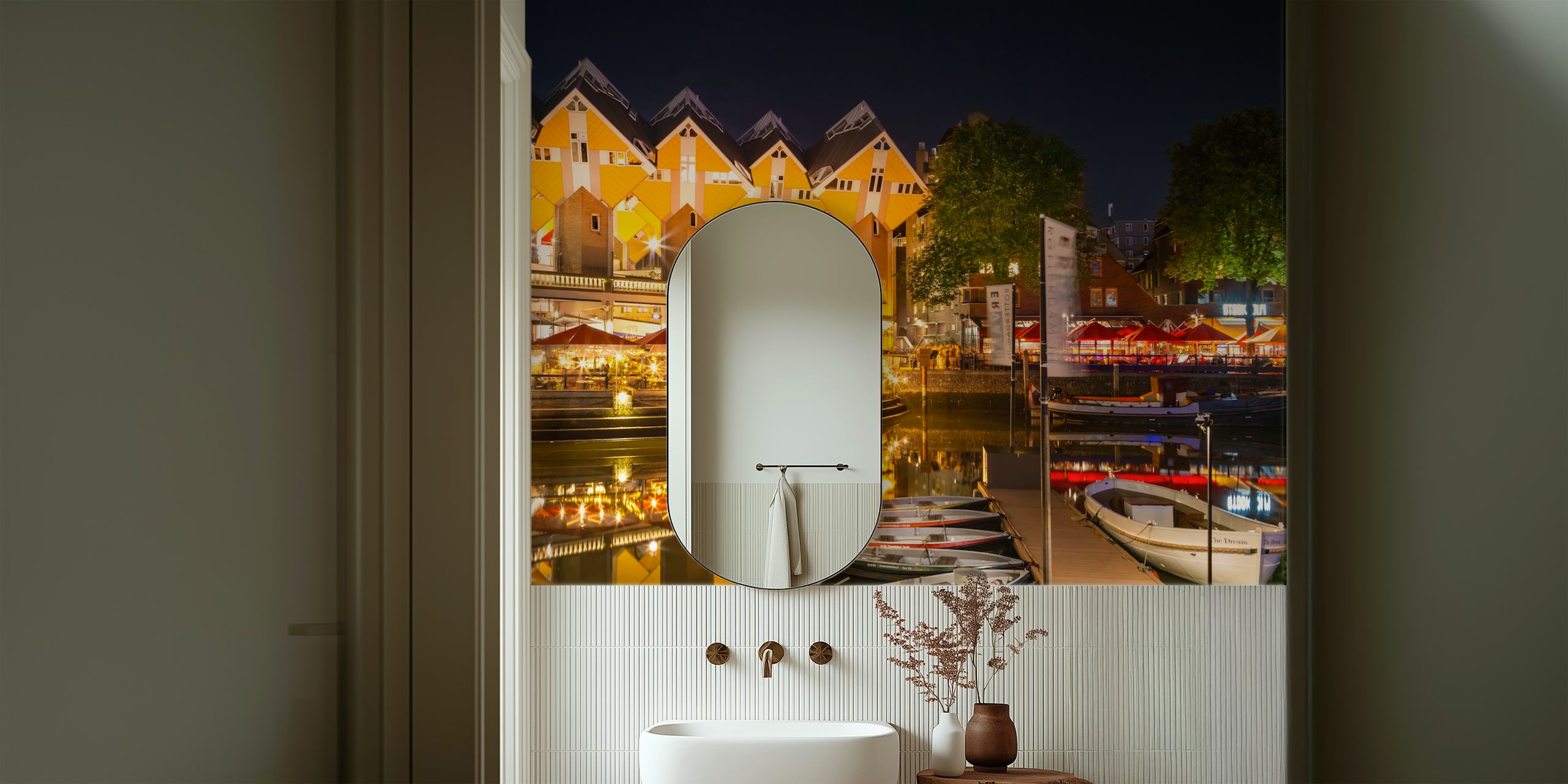 Rotterdam Oude Haven wall mural showing the Cube Houses and marina at night with illuminated market lights