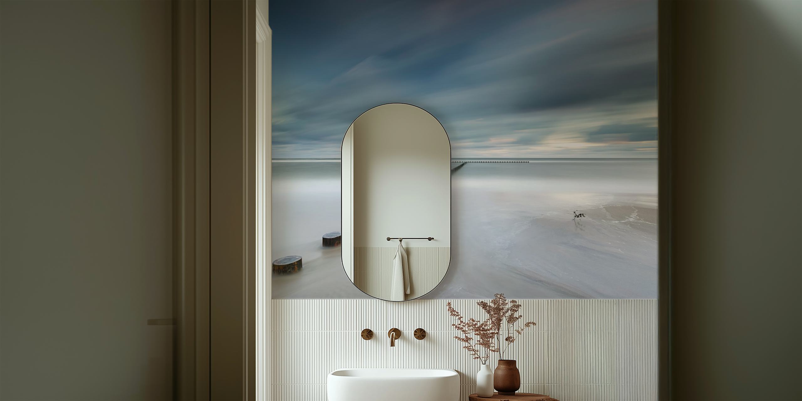 Tranquil seascape wall mural with minimalist jetty extending into the horizon