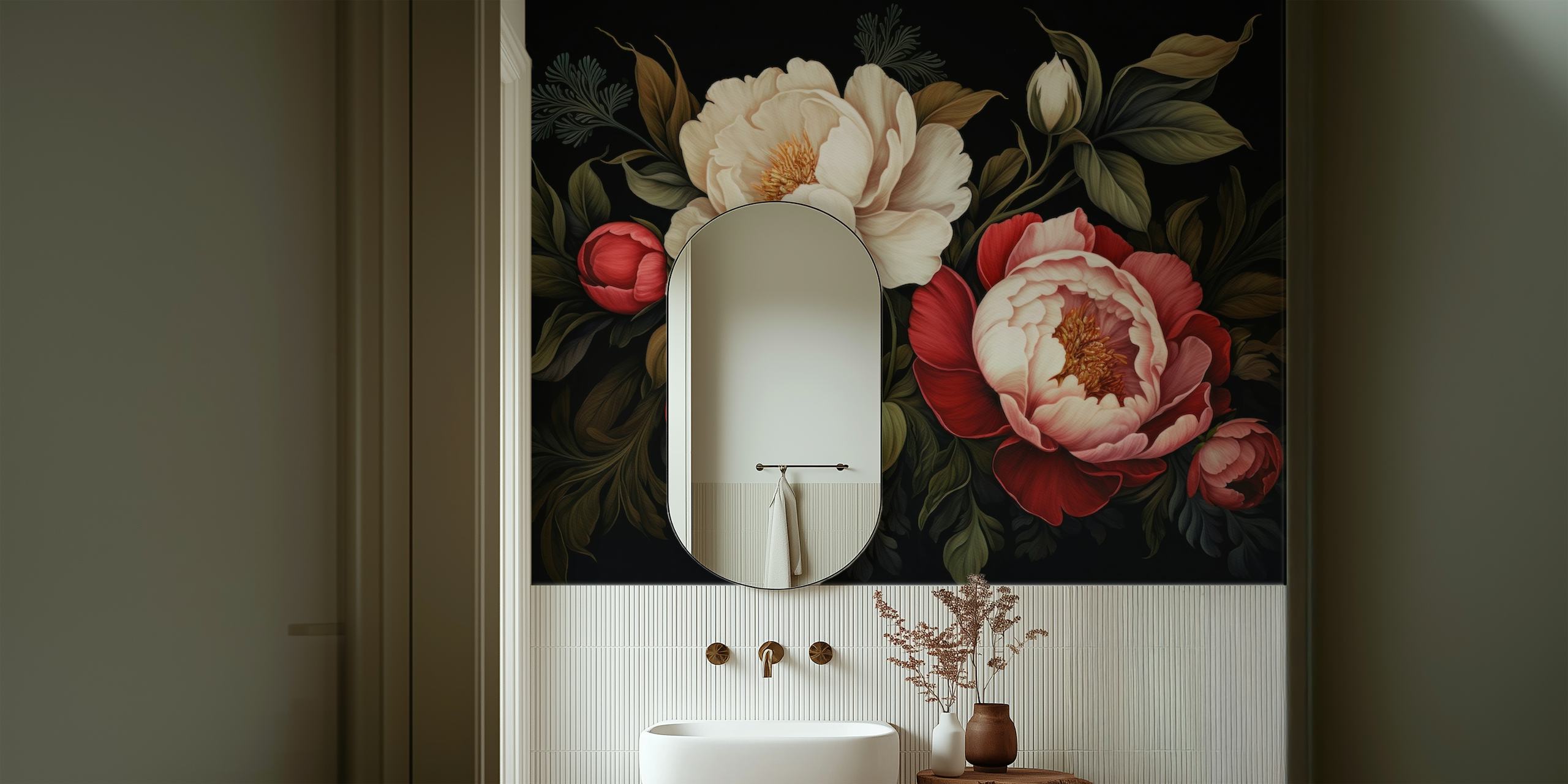 Red Baroque Opulent Moody Night Peonies wallpaper