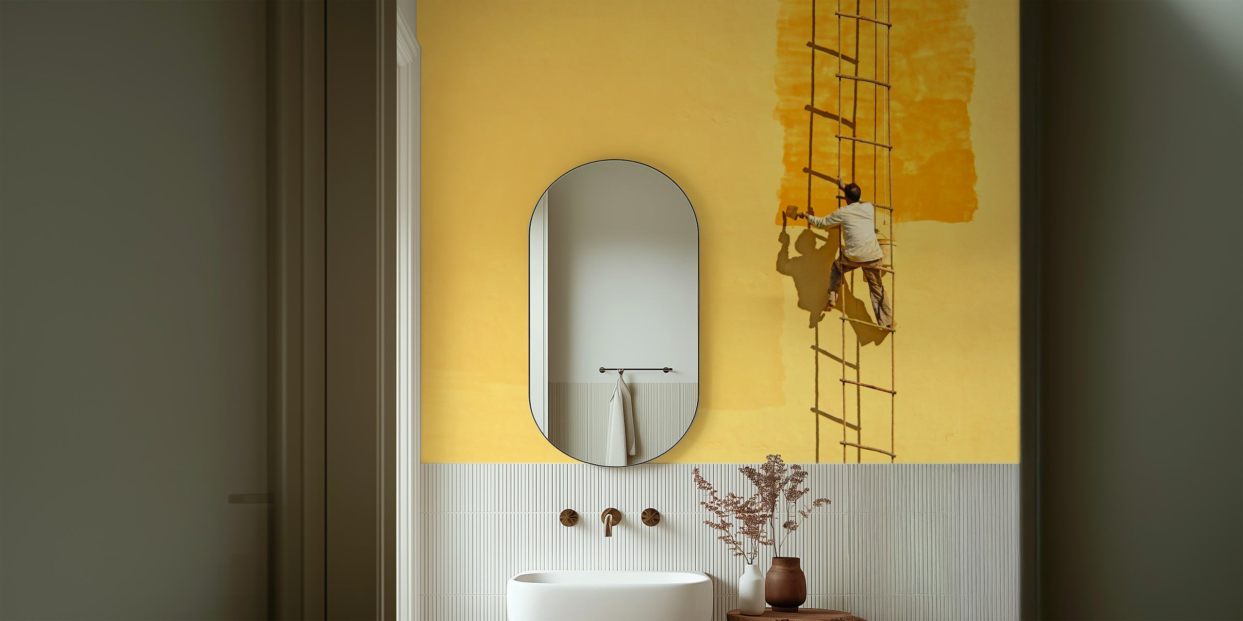 Pintor mostrado em silhueta na escada contra o fotomural vinílico amarelo