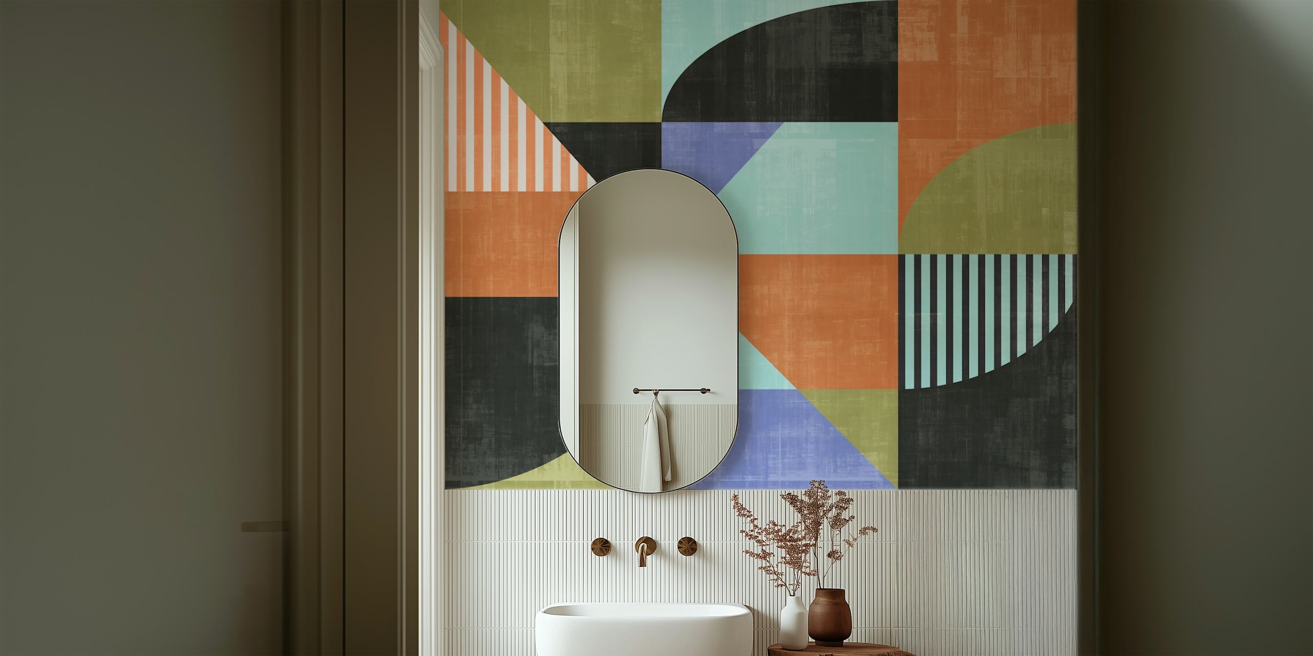 Geometric pattern with multicolor shapes orange, blue, black, and green wallpaper