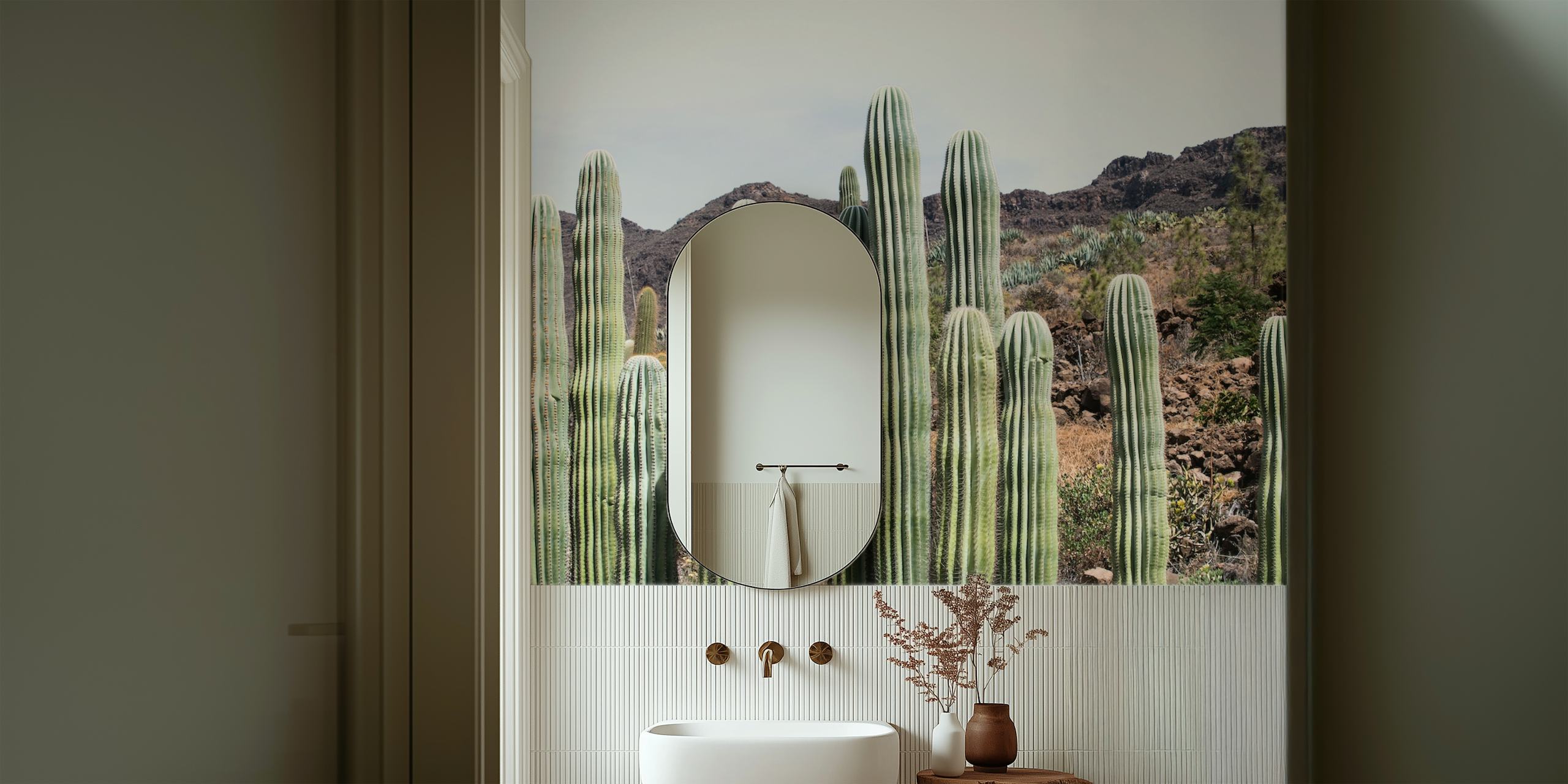 Cactus plants with green and earthy tones wallpaper