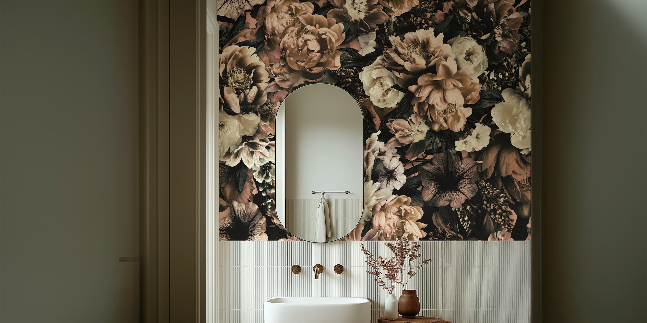Ivory and beige floral design wallpaper with baroque elements
