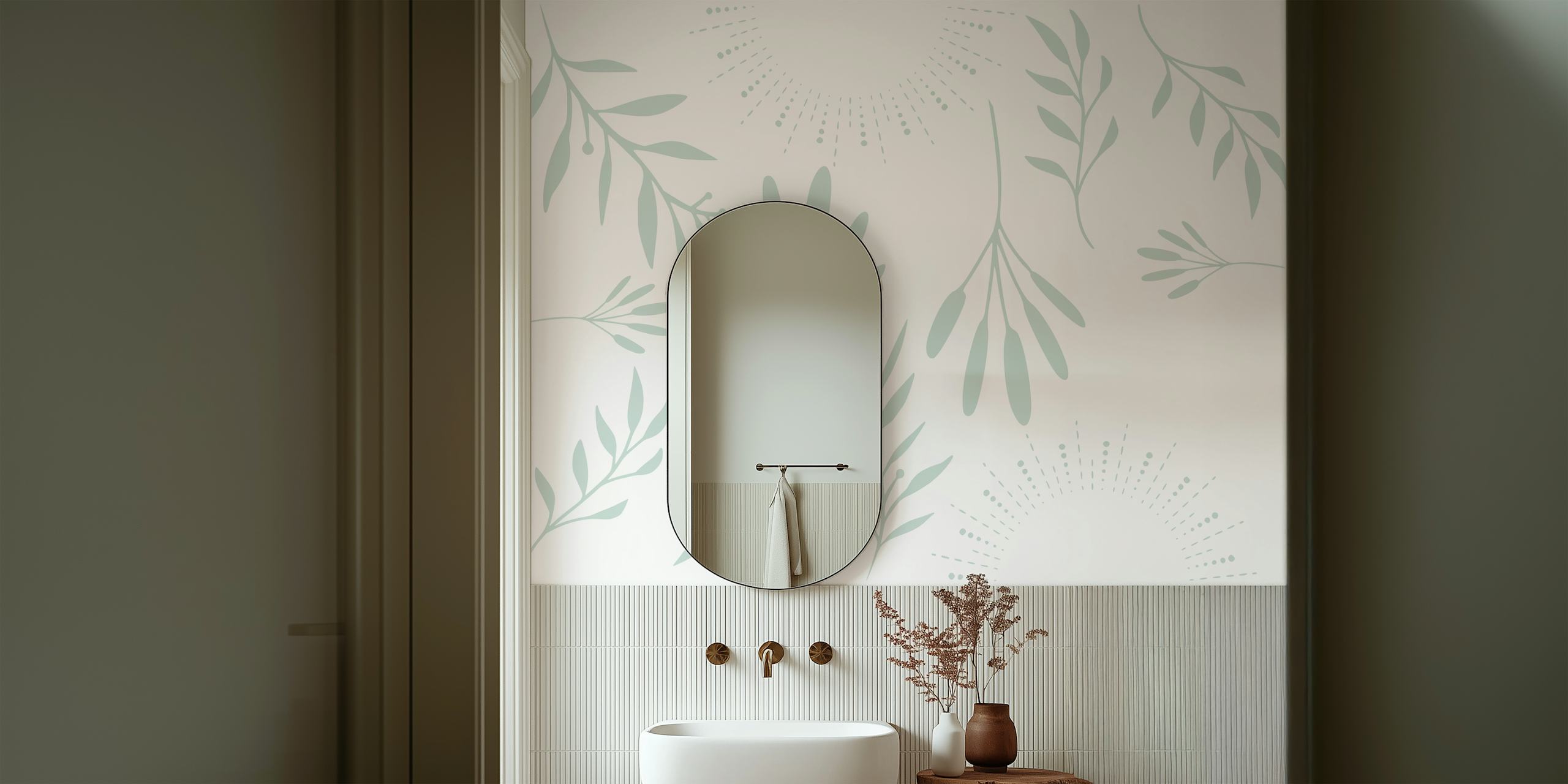 Botanical leaf patterns in muted green on white wallpaper