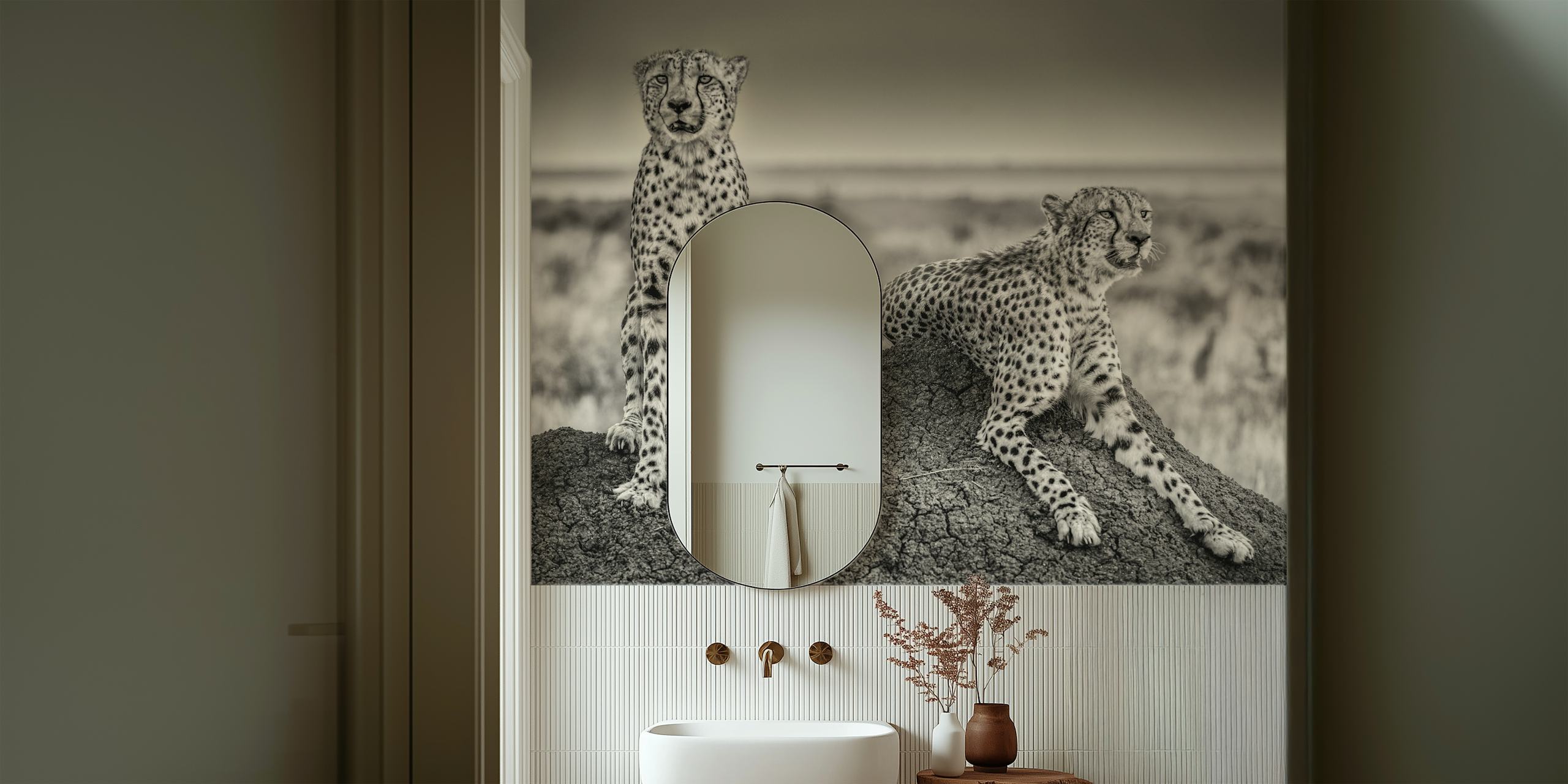 Black and white wall mural of two cheetahs on the lookout in the savannah