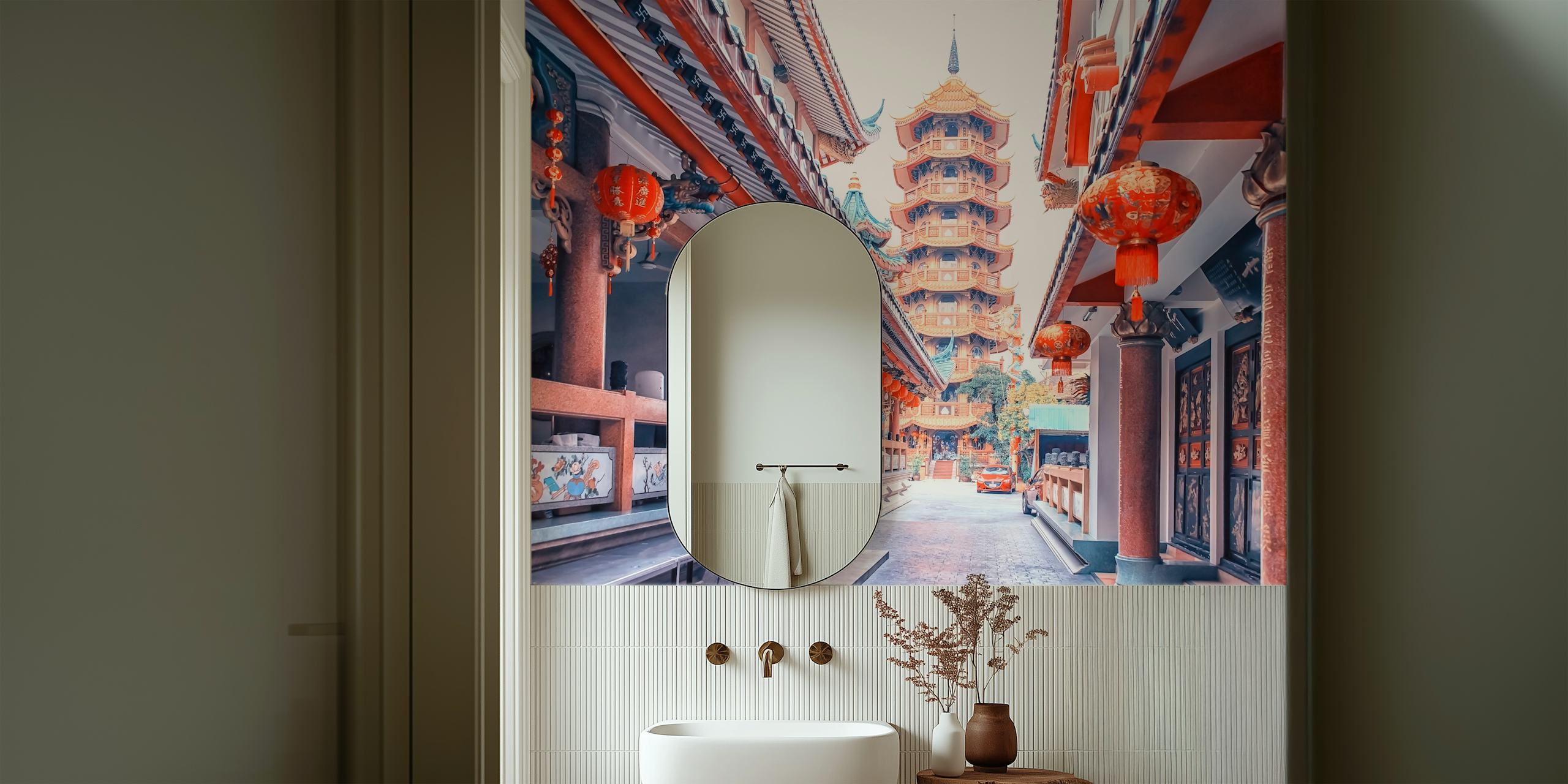 Traditional Chinese temple with colorful lanterns and architectural details wallpaper