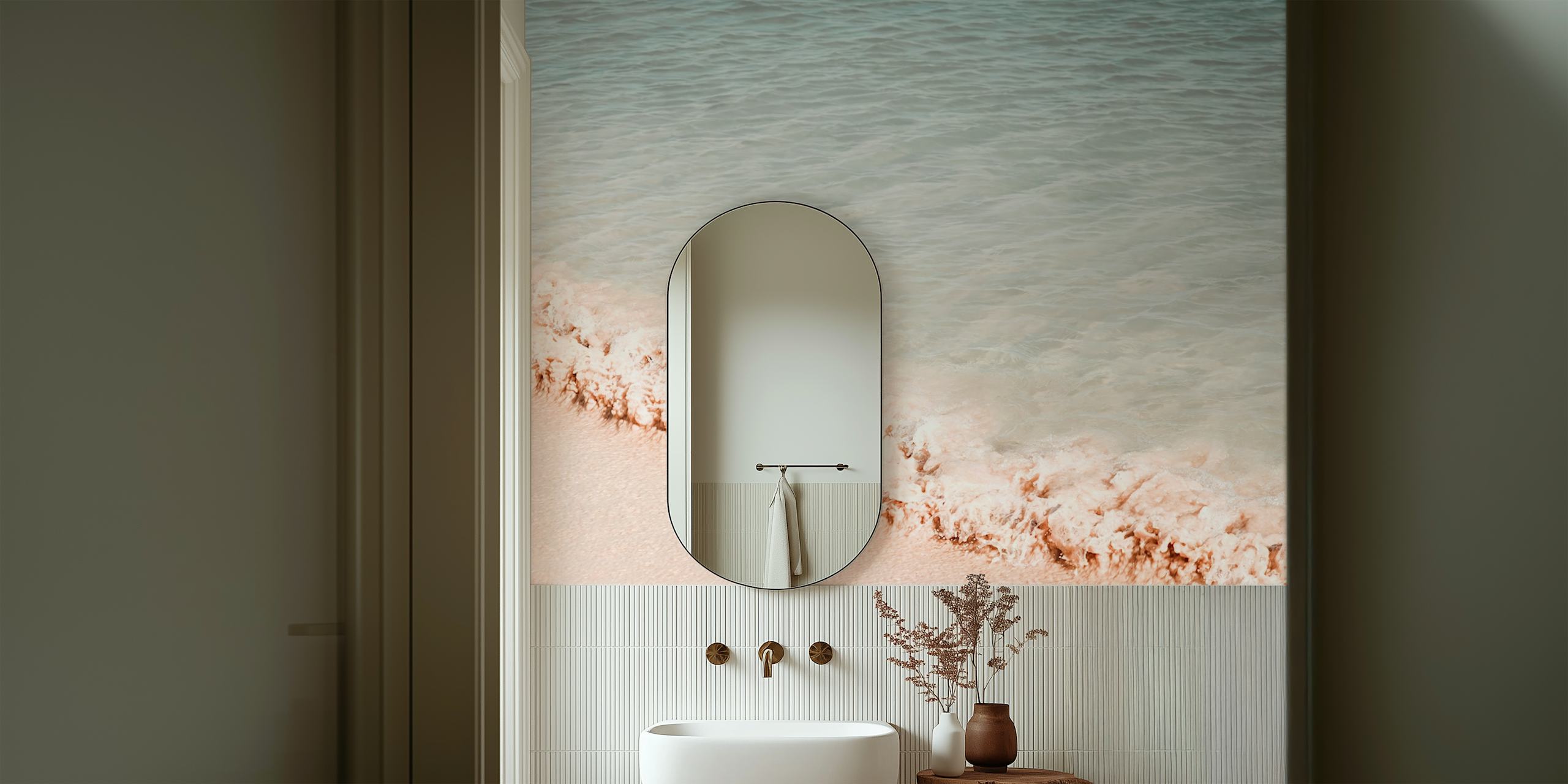 Coastal beach wallpaper showing gentle ocean waves in soft blues and sandy tones