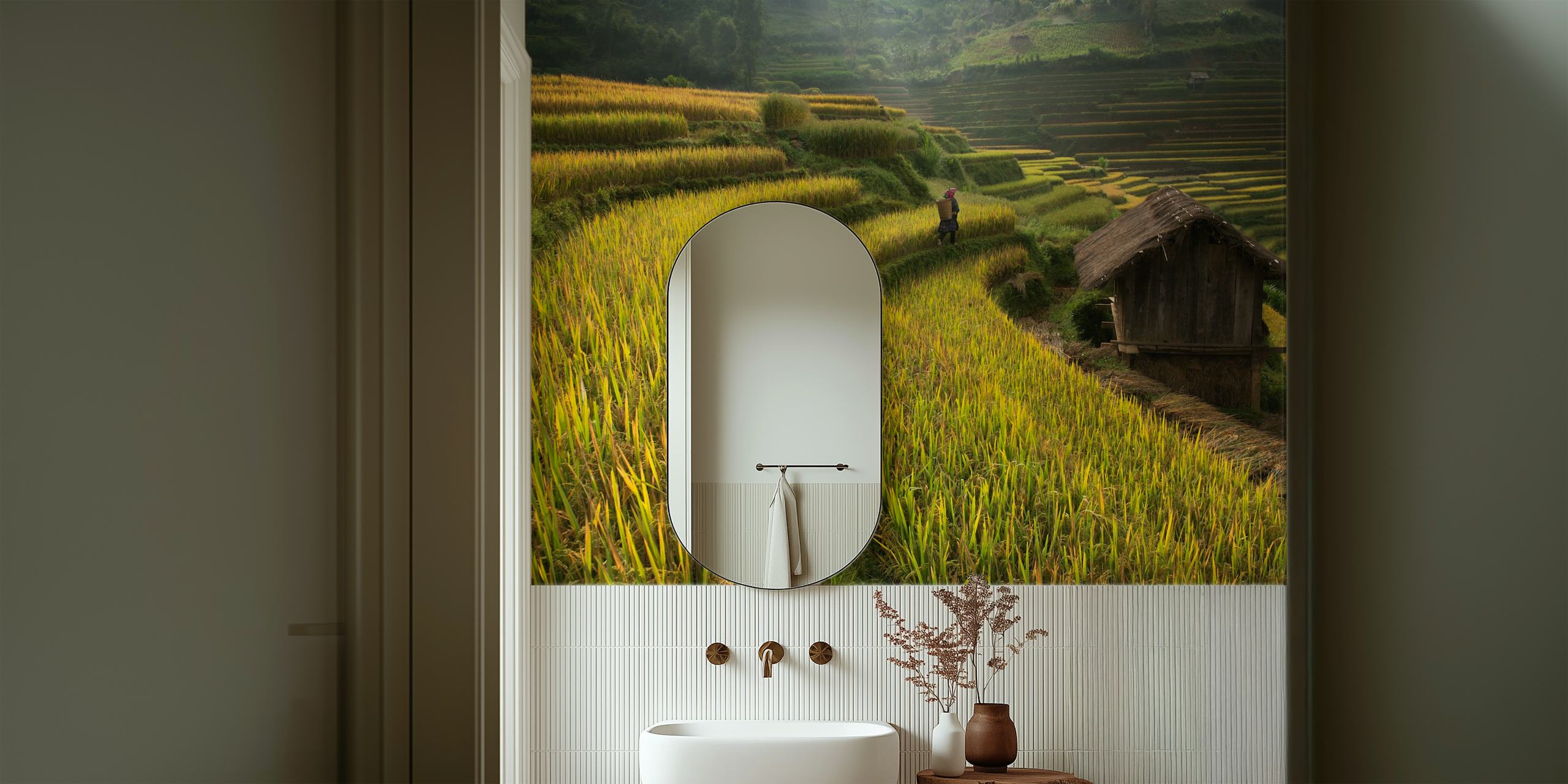 Lush green rice fields with a farmer and rustic hut wallpaper