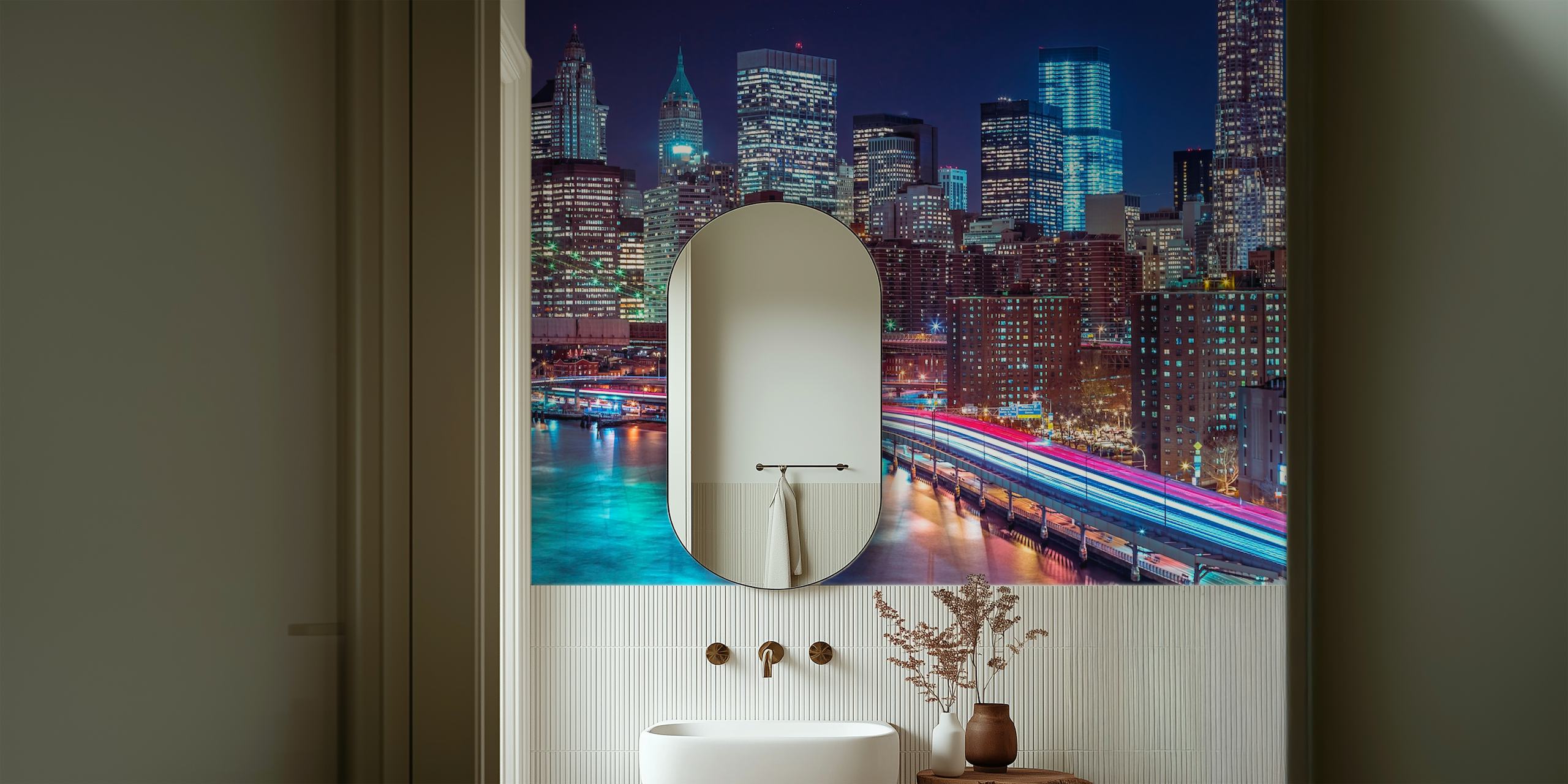 Urban city skyline at night with bright lights and reflections wallpaper