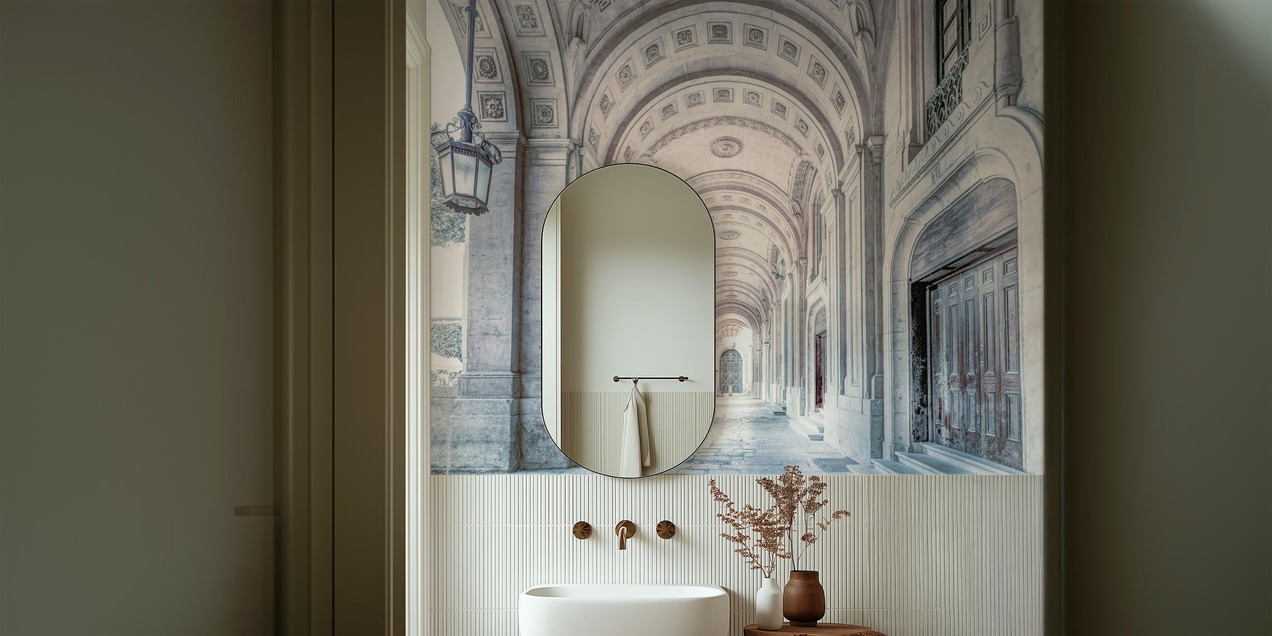 Soft gray architectural wallpaper featuring arched doorways and intricate details