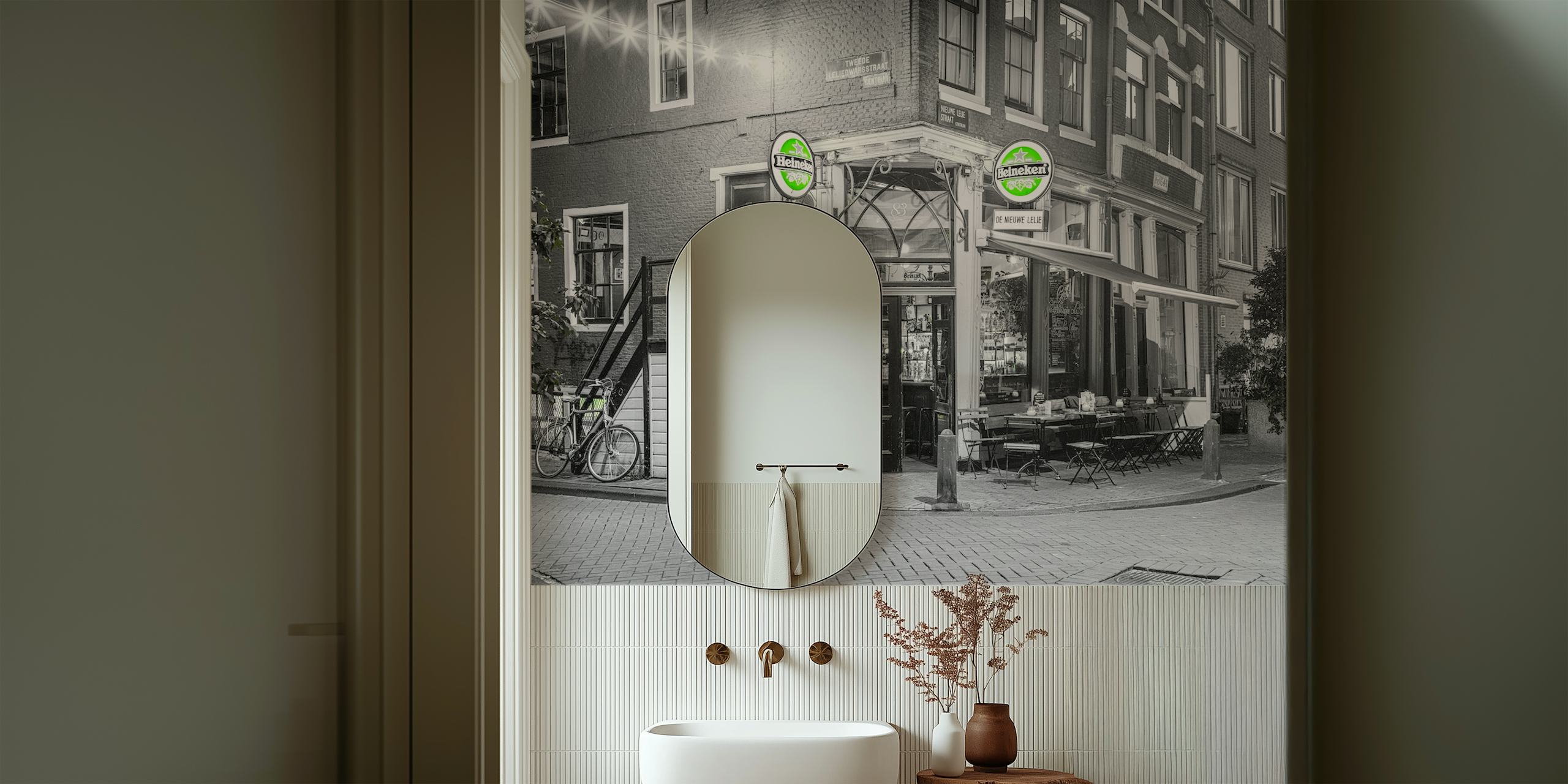 Amsterdam cafe exterior in black and white wallpaper