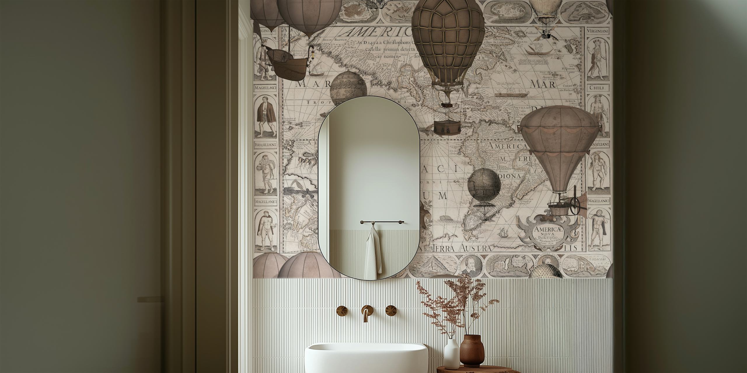 Antique world map with steampunk hot air balloons wall mural