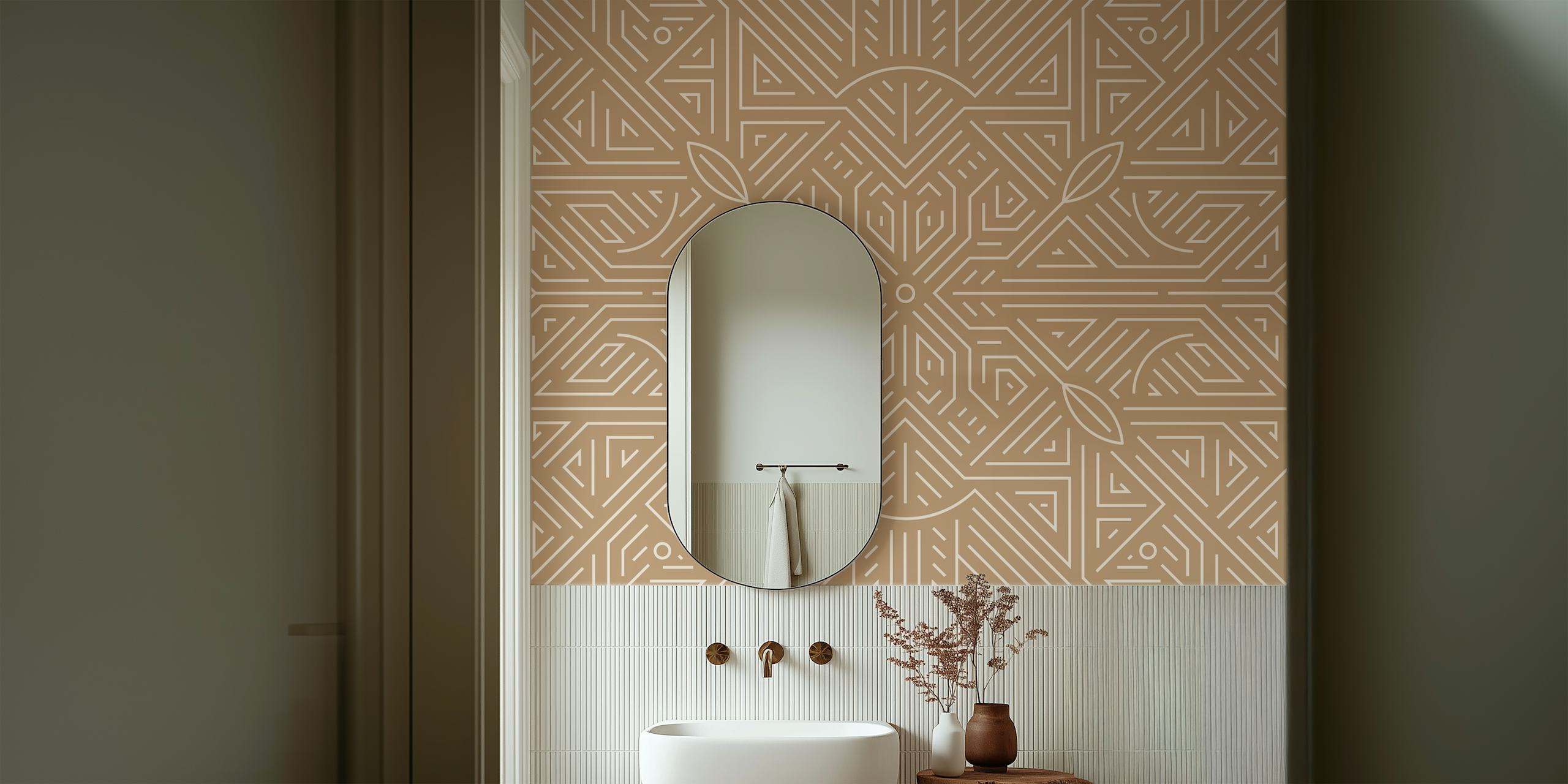 Geometric beige wallpaper with intricate line patterns