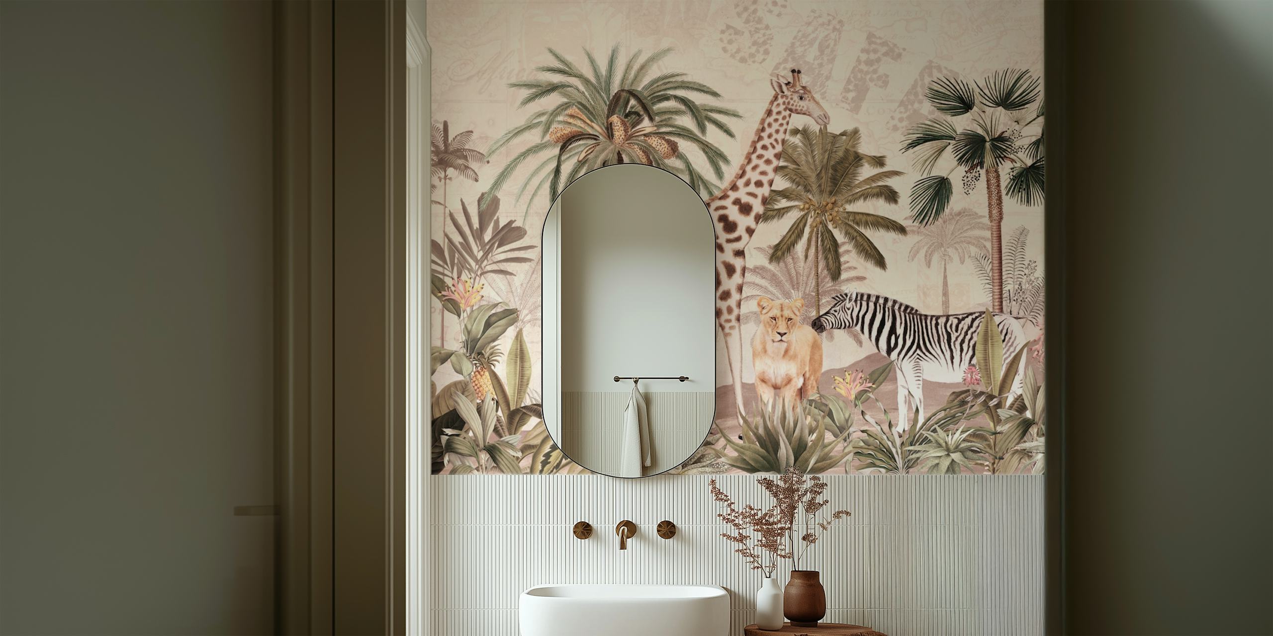 Wandbild im Vintage-Stil mit afrikanischen Safaritieren wie Giraffen und Zebras zwischen tropischen Palmen.