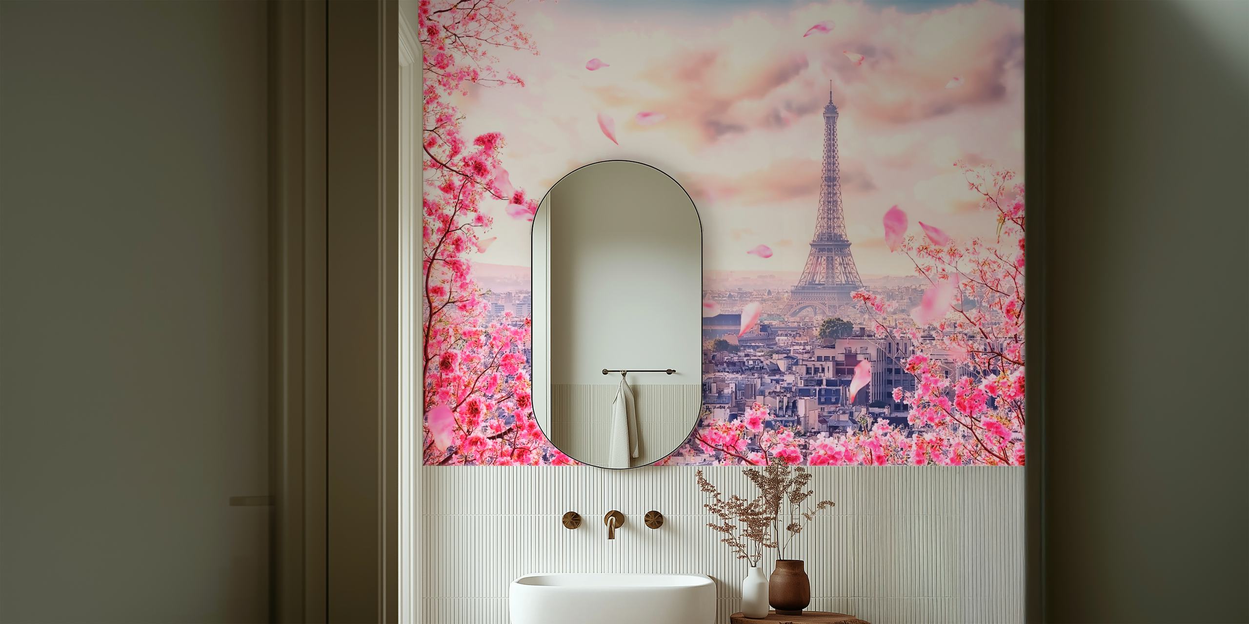 Papel de parede Pink Paris com a Torre Eiffel e flores