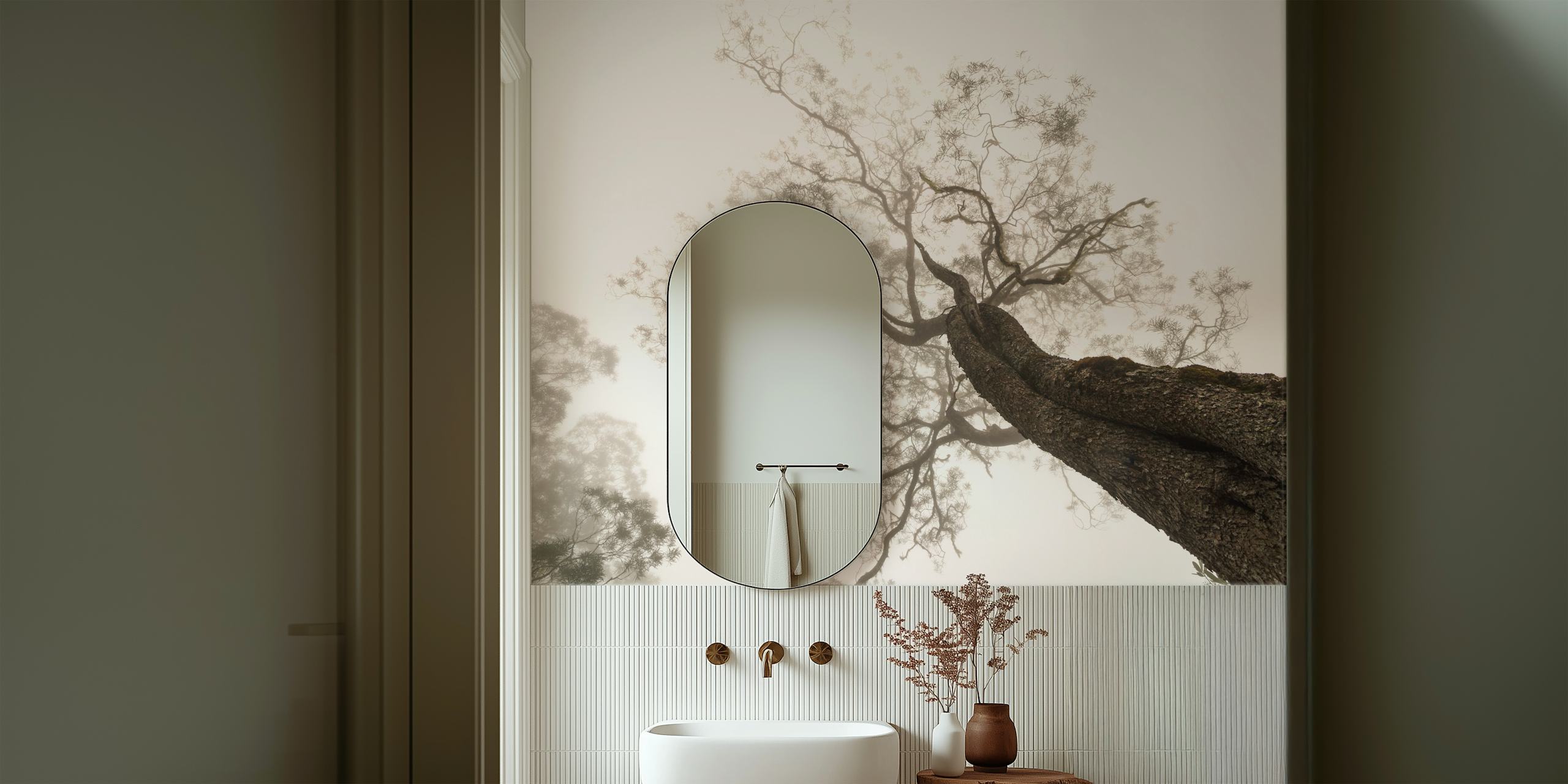 Misty tree branches wallpaper in gray tones for tranquil decoration.
