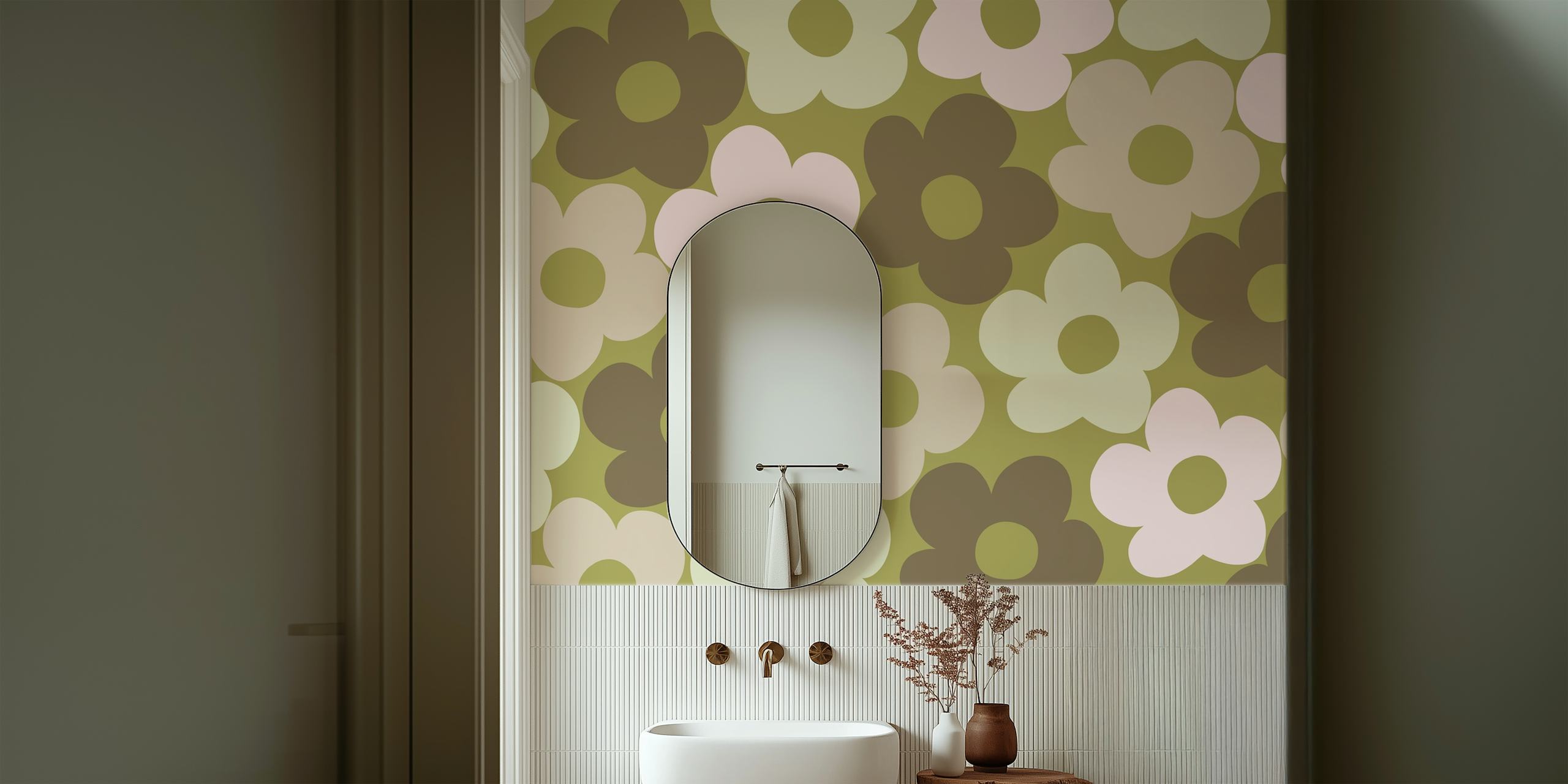 Carta da parati retrò Fall Daisies con fiori verde terra e crema