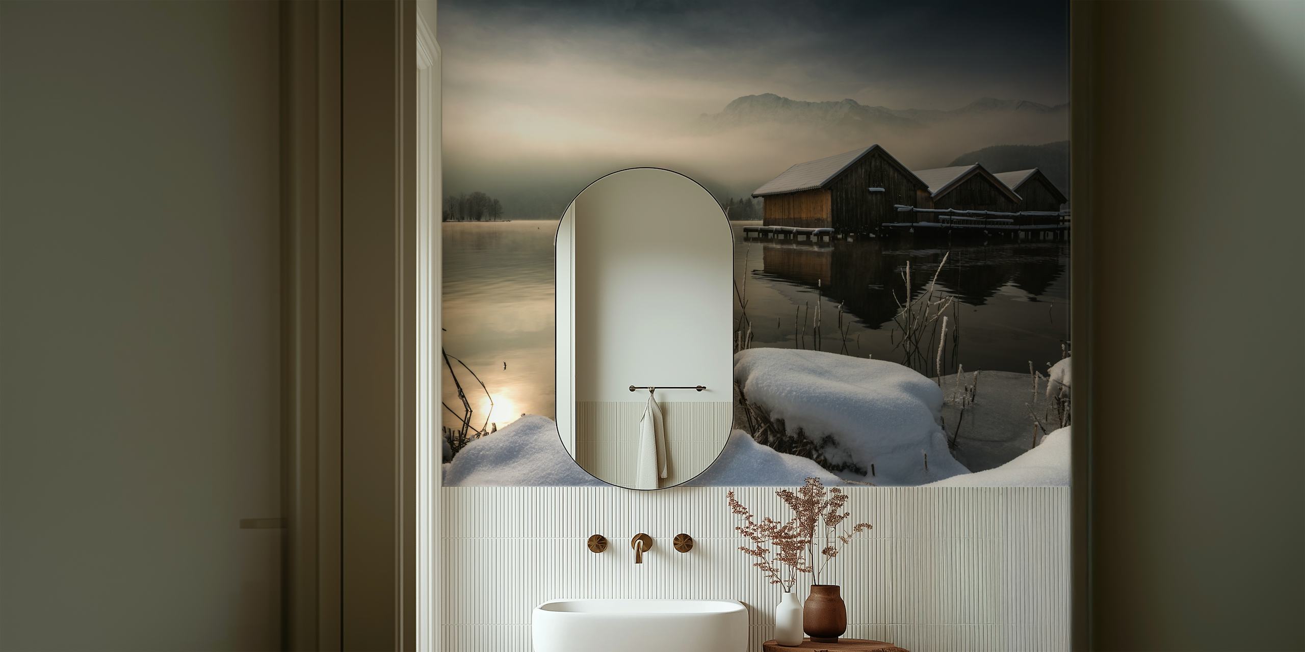 Three huts bij een rustig meer behang