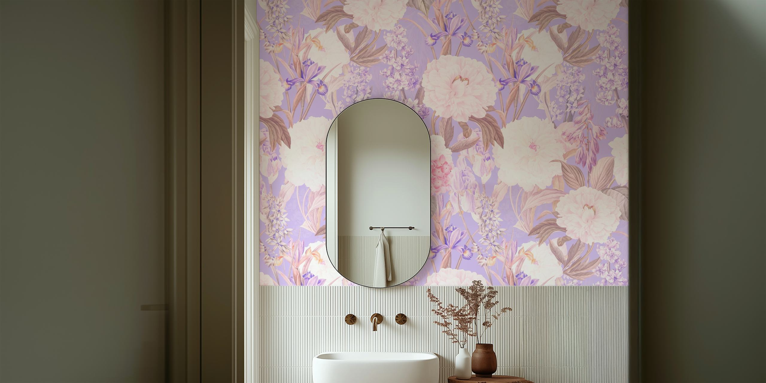 Ixia Paeonia Fuldt fototapet med frodige pæoner og ixia i bløde lilla toner