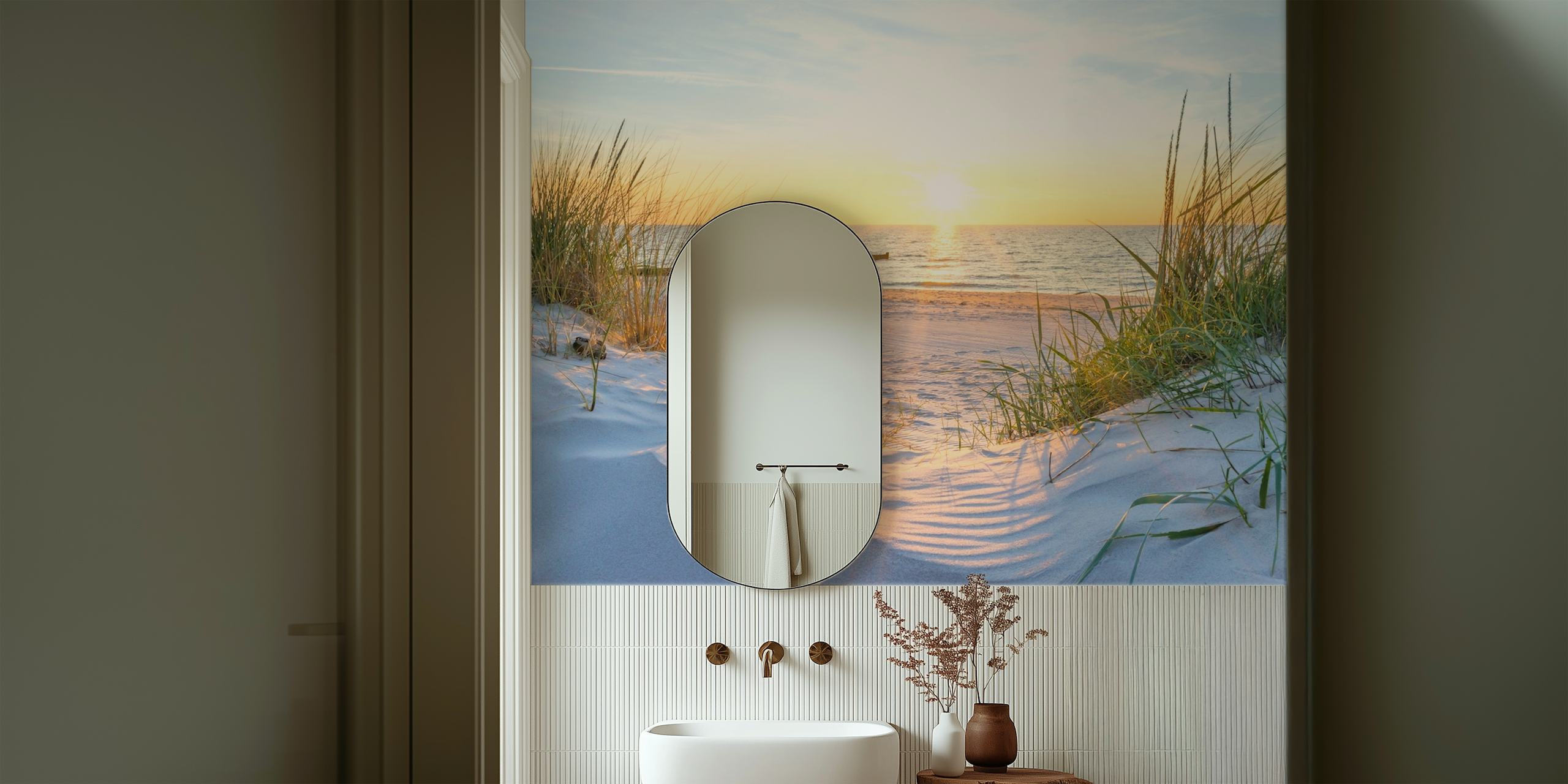 Coastal sunset wall mural with beach and grasses
