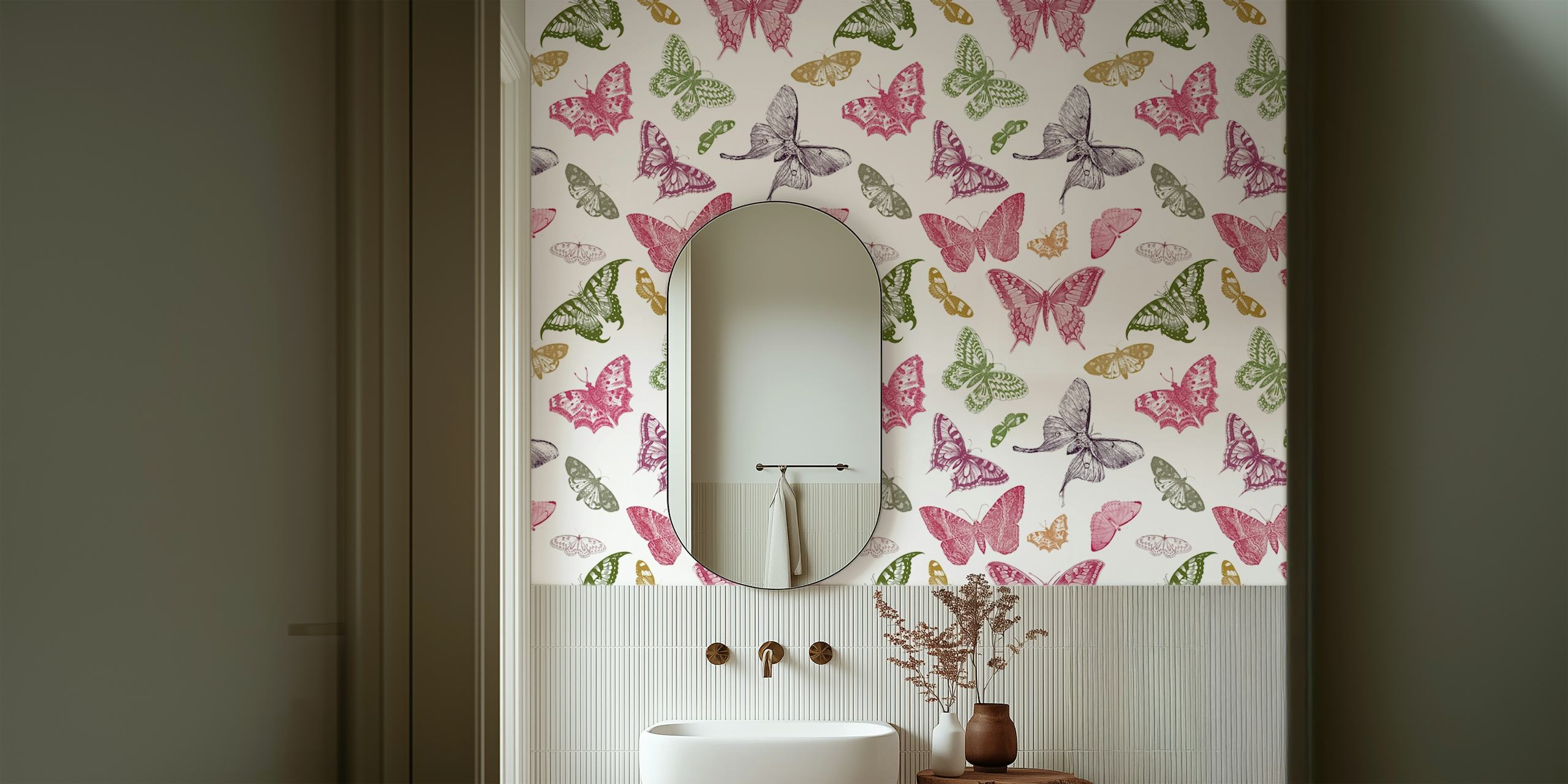 Colorful vintage butterfly wallpaper featuring pink, green, and yellow butterflies on a white background.