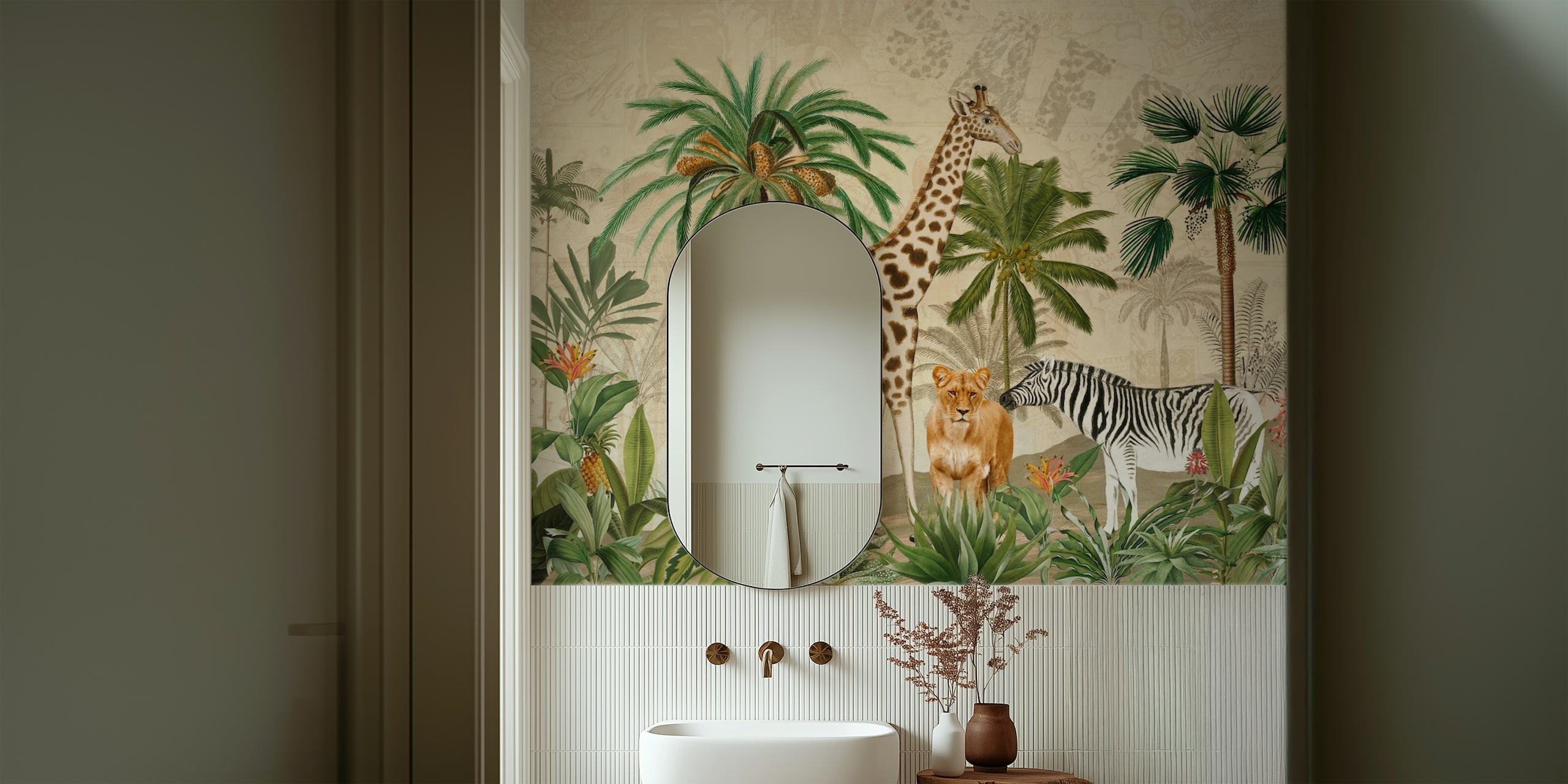Vintage style jungle safari wall mural featuring giraffes, leopards, and zebras in a lush setting