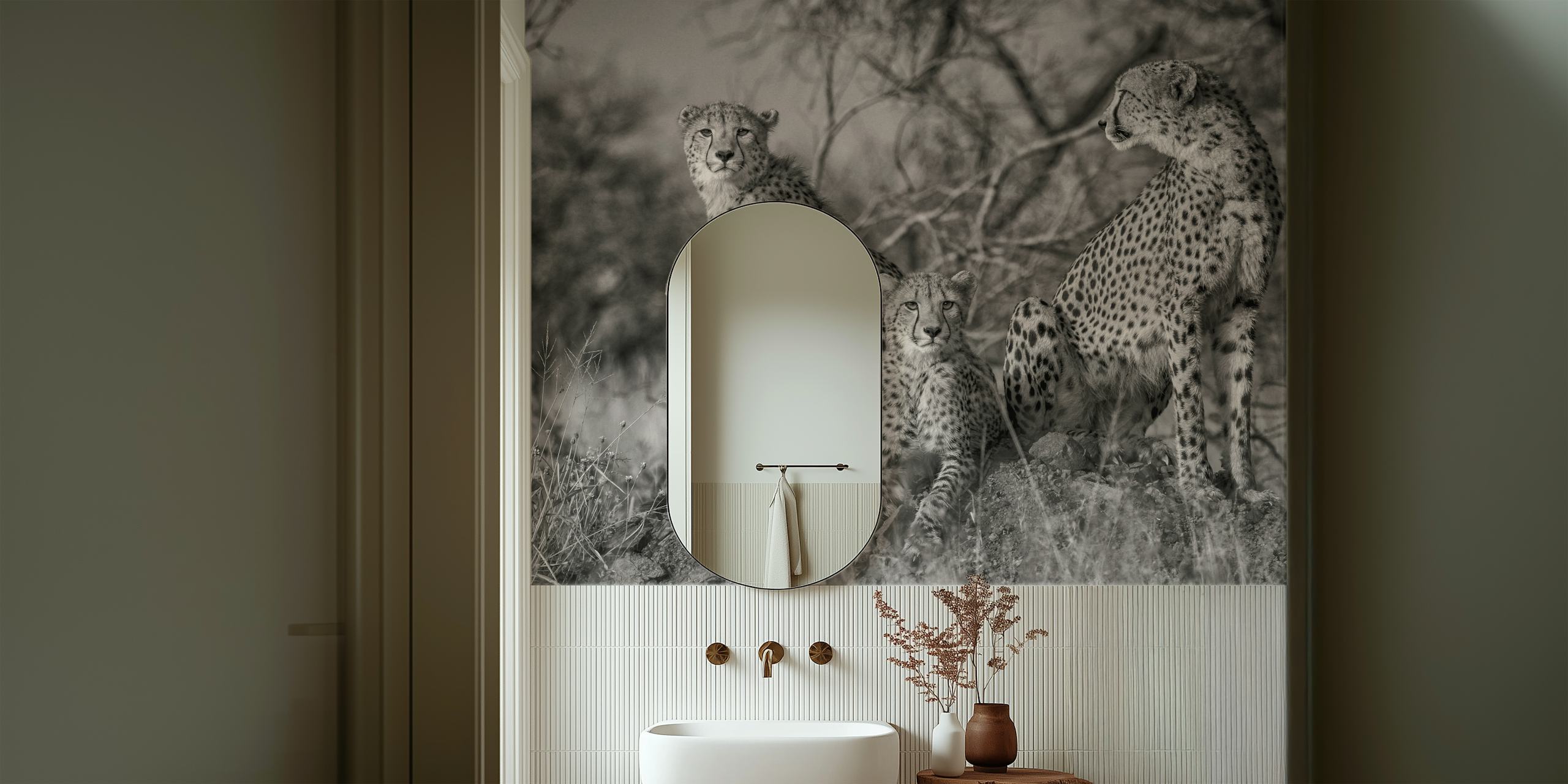 Black and white wall mural of three cheetahs