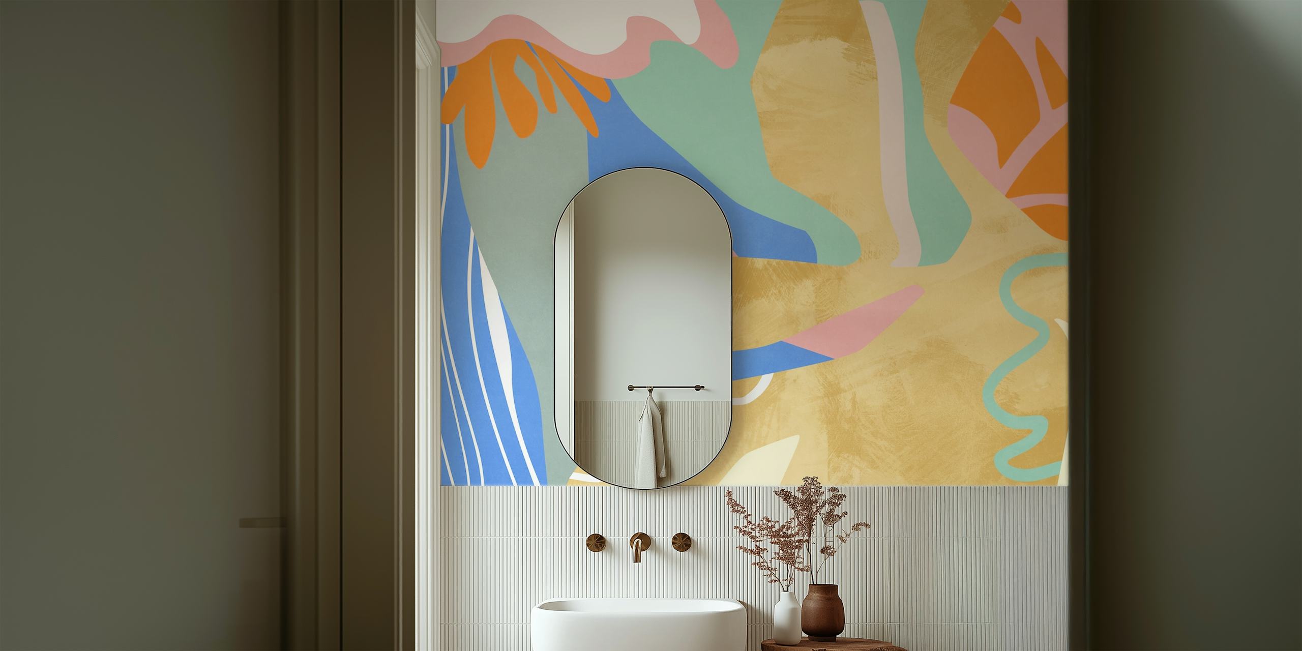 Colorful abstract shapes in blue, pink, orange, and yellow wallpaper