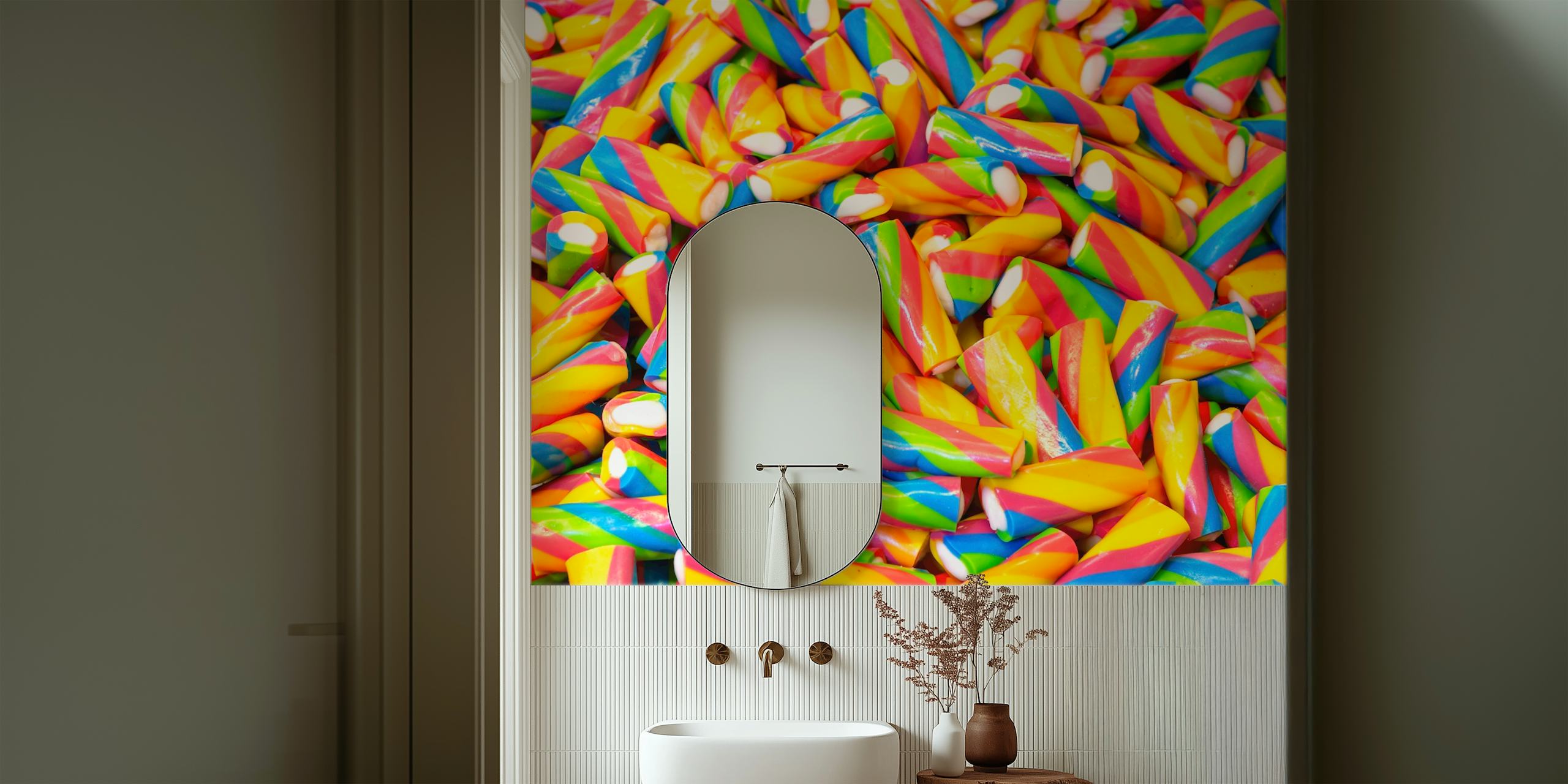 Colorful candy-striped design in bright yellow, red, blue, and green wallpaper