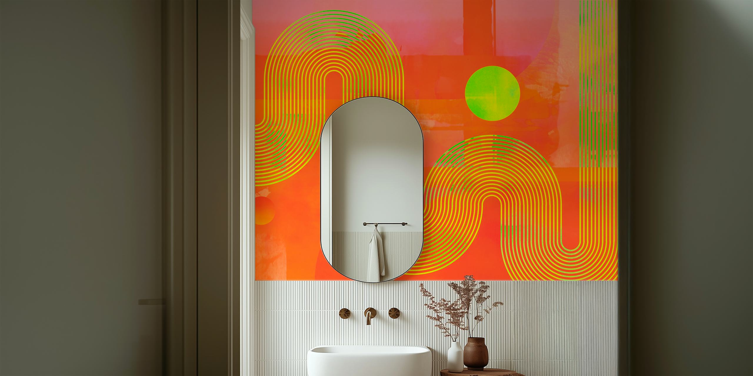 Colorful curvy lines and circles in orange and green wallpaper
