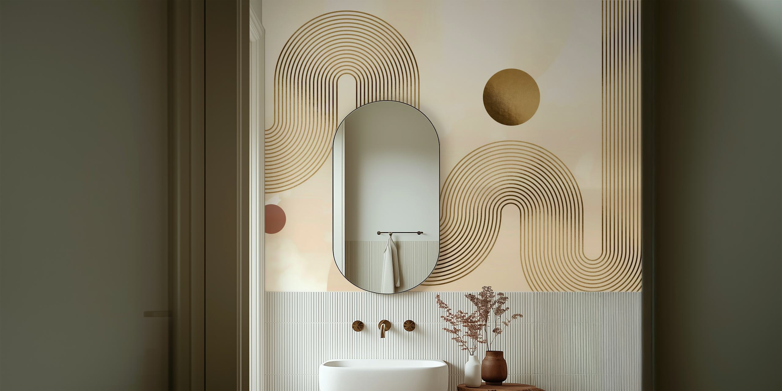 Curvy wave pattern in neutral colors with circular accents wallpaper
