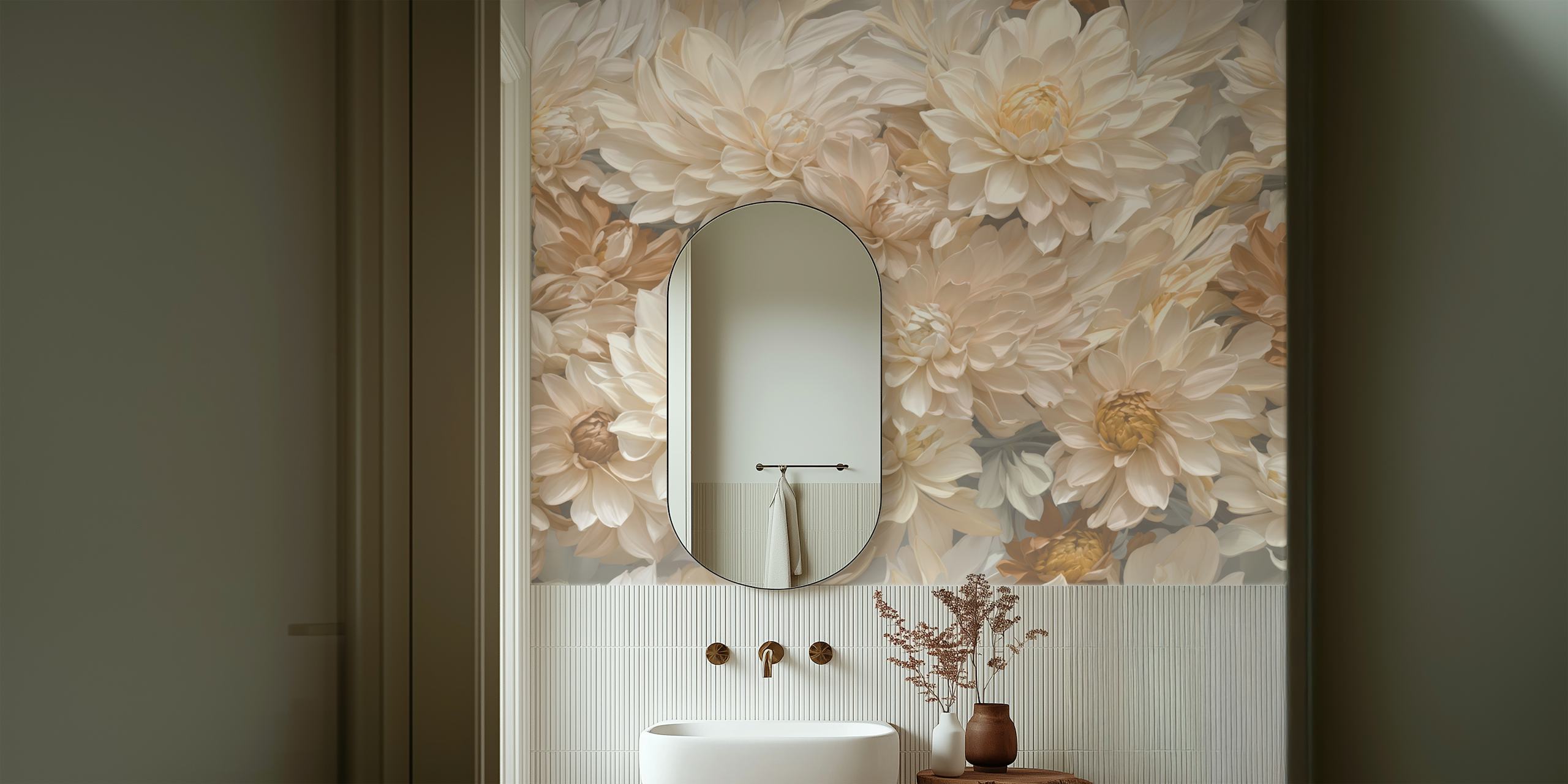 Cream dahlia flowers in beige tones floral wallpaper