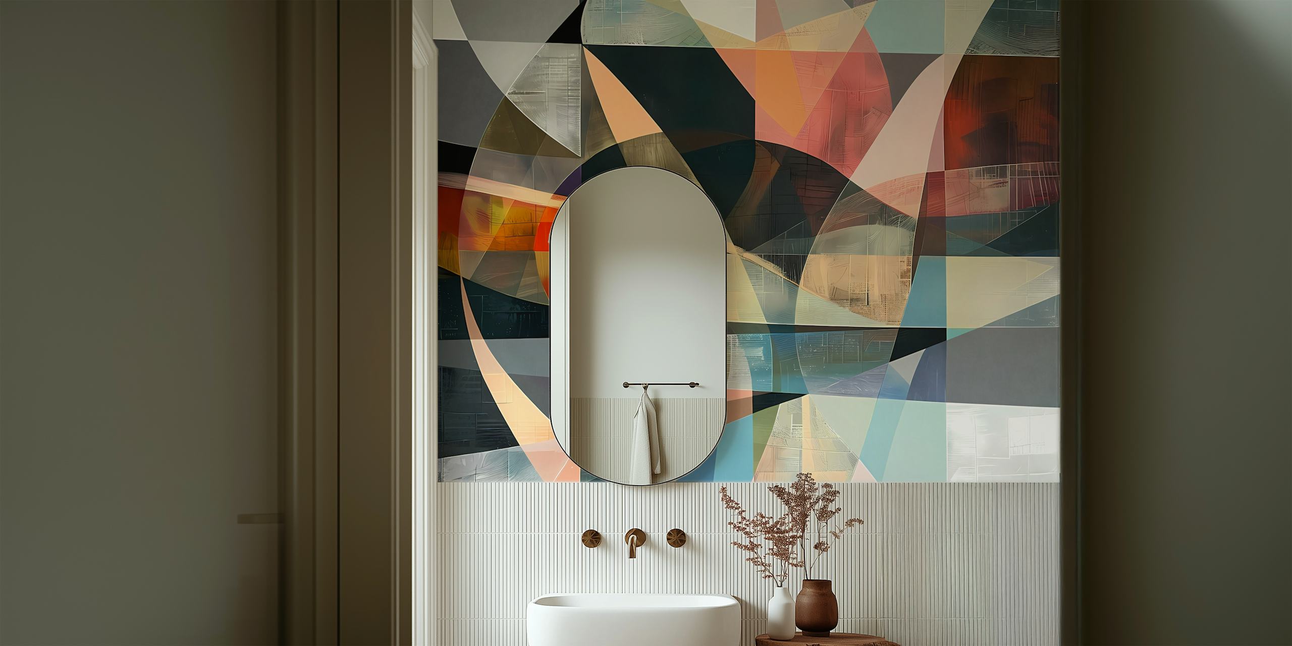 Colorful overlapping shapes wallpaper in a room