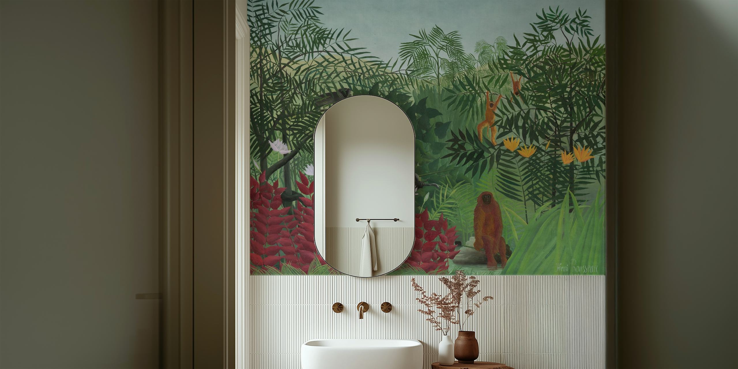 Wall mural depicting a tropical forest scene with monkeys, inspired by Henri Rousseau's art style.