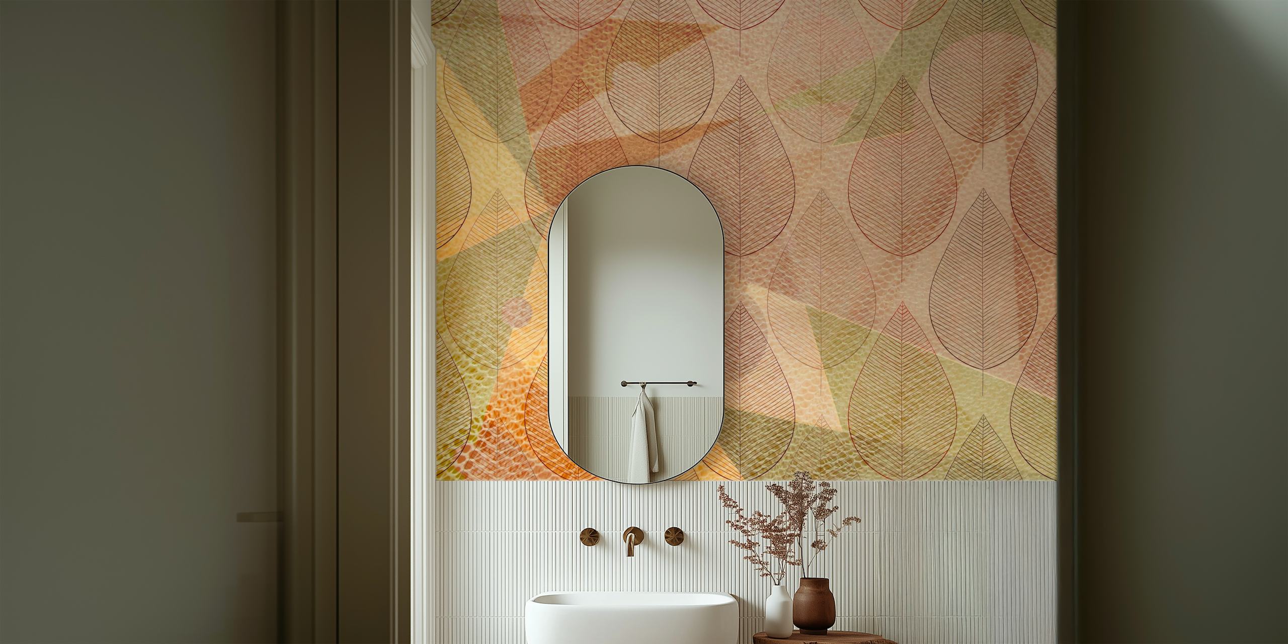 Earthy leaf pattern in warm colors on textured wallpaper