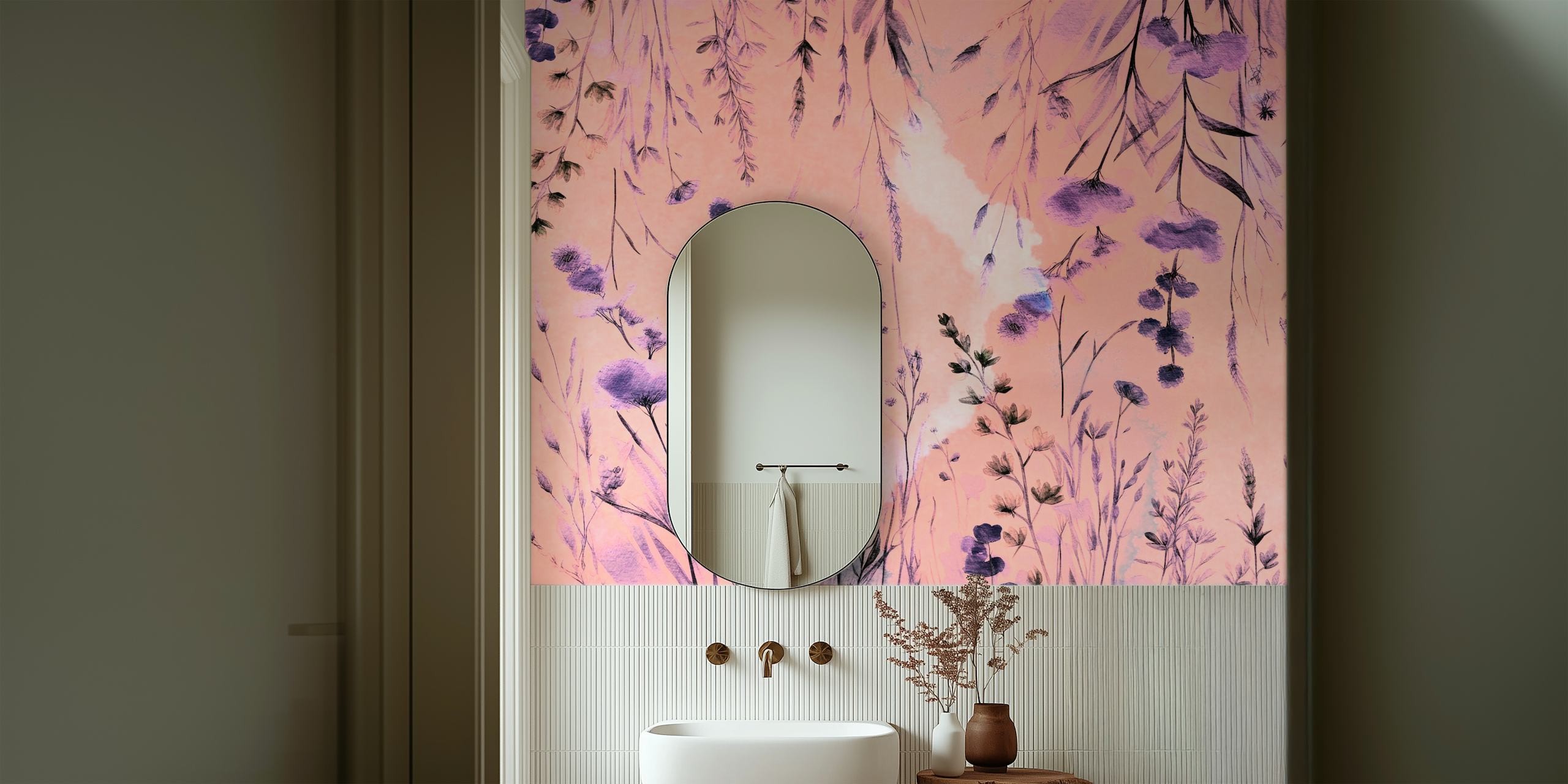 Wildblumen-Sommer-Wandbild mit lila Blumen auf pastellrosa Hintergrund