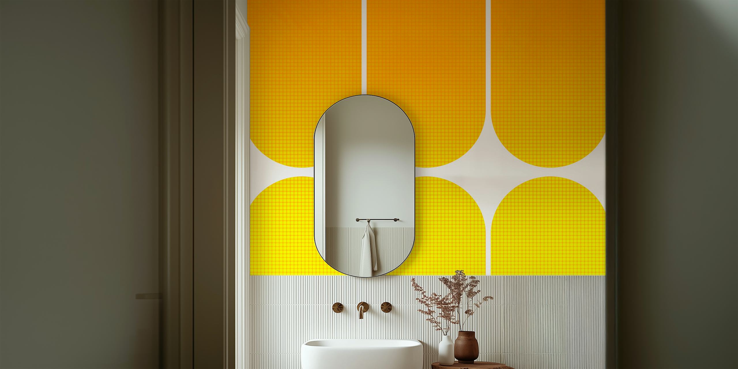 Sunny yellow wallpaper with mid-century arches pattern