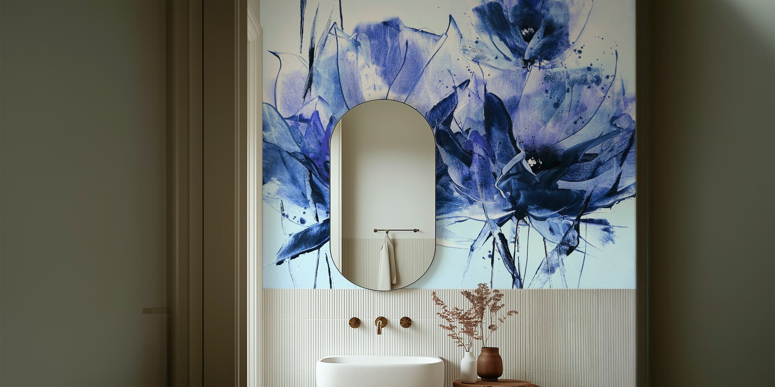 Blue floral abstract wallpaper in a room