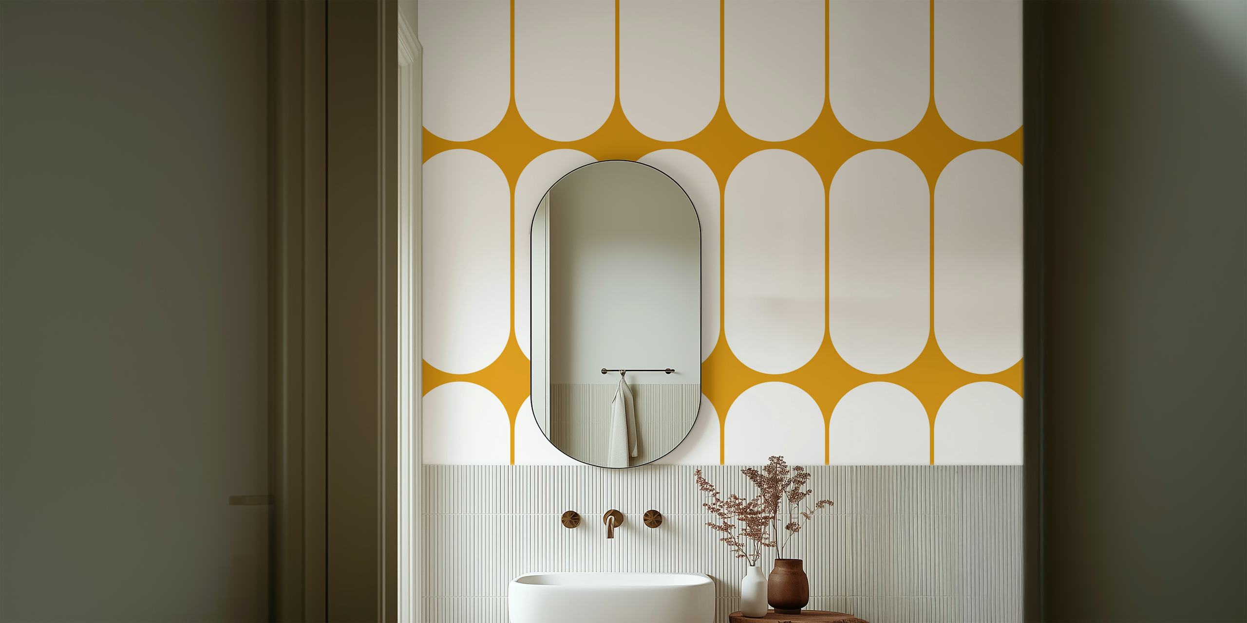 Geometrisch patroon met gele ovalen op witte achtergrond wallpaper