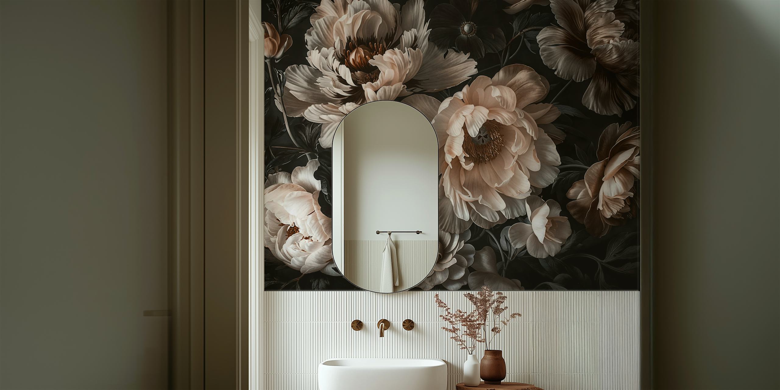 Luxurious dark floral wall mural with baroque influences in blush tones
