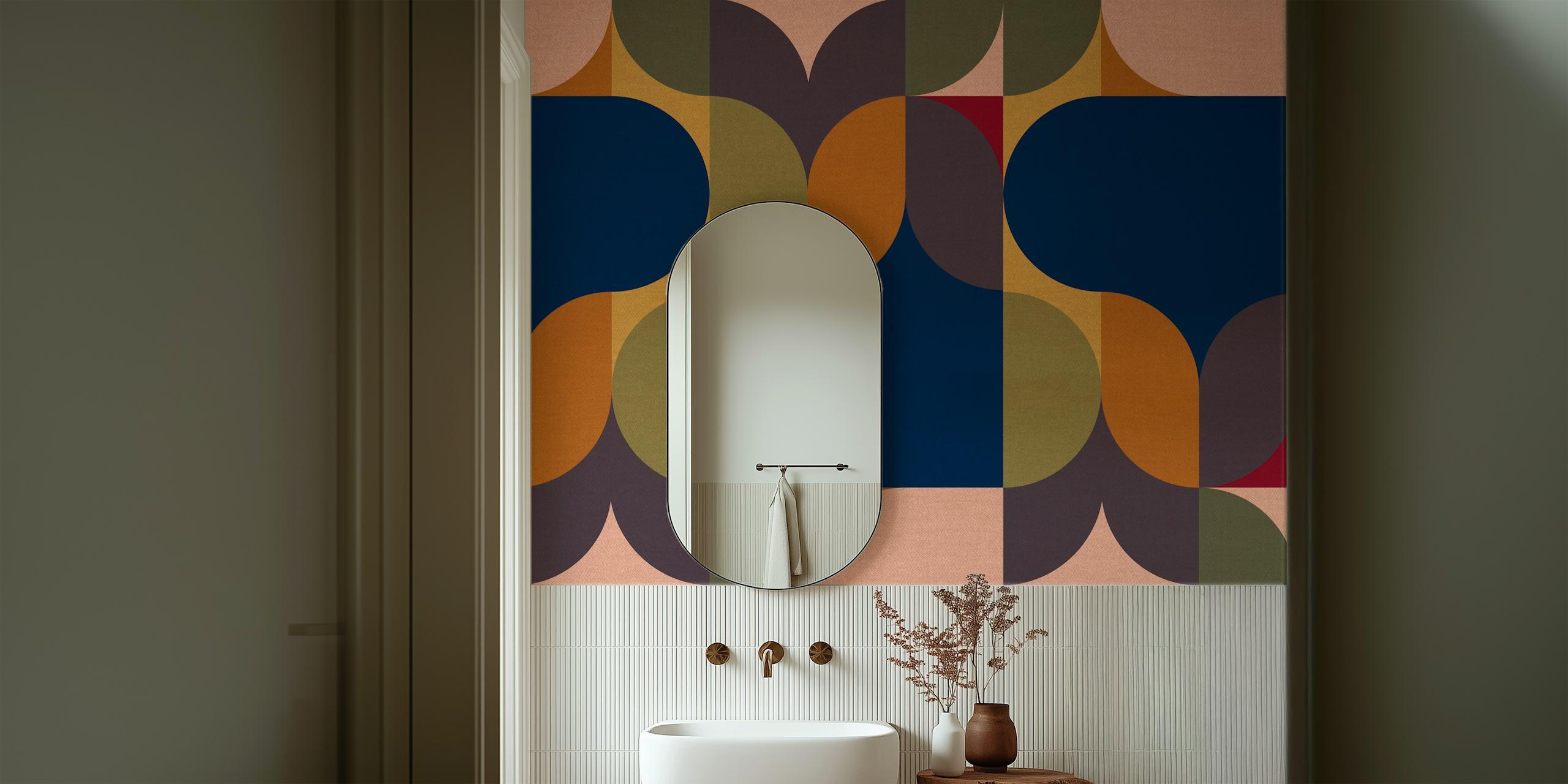 Geometric shapes in navy, green, and burgundy colors wallpaper