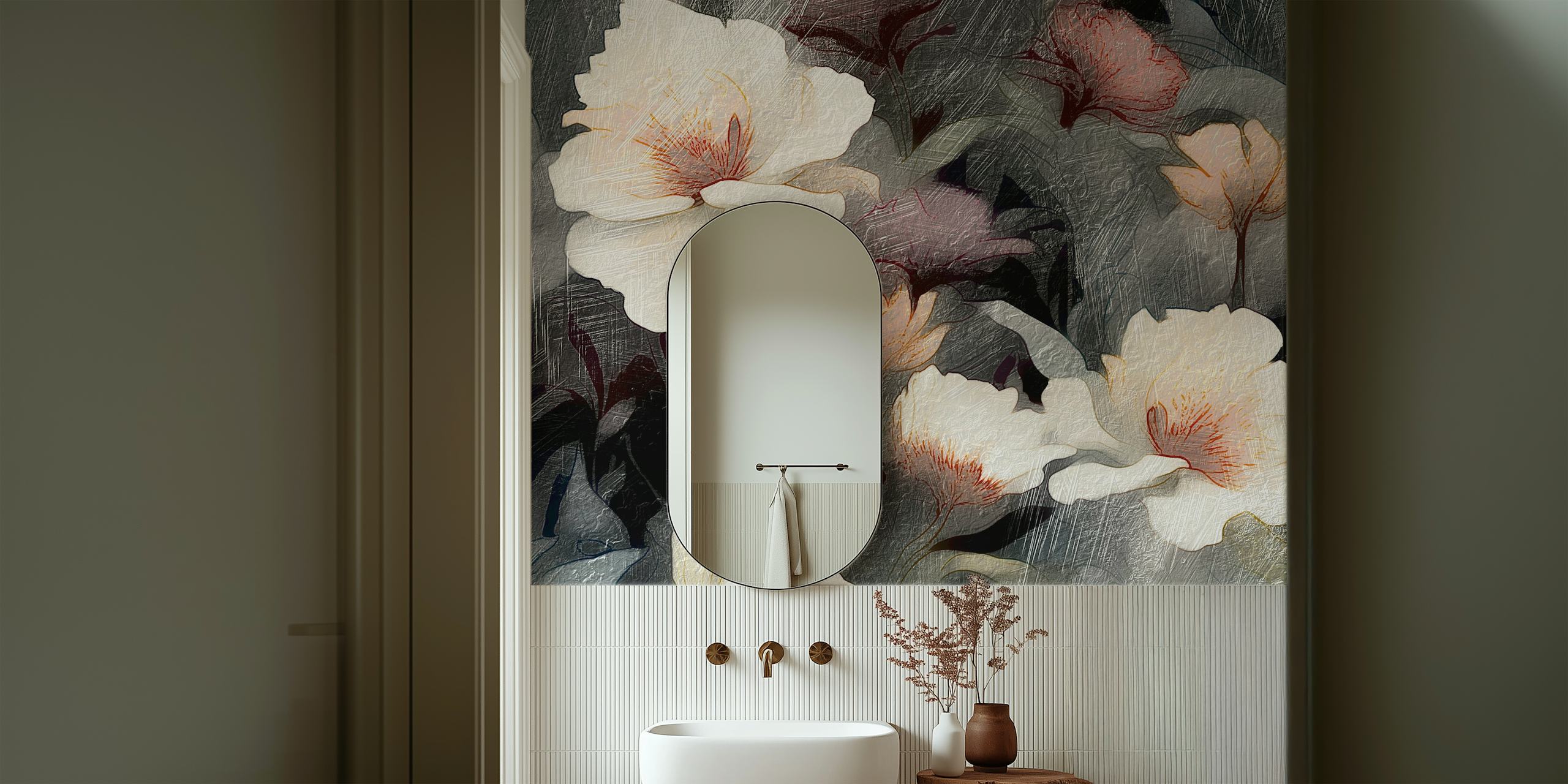 White flowers on dark textured background wallpaper