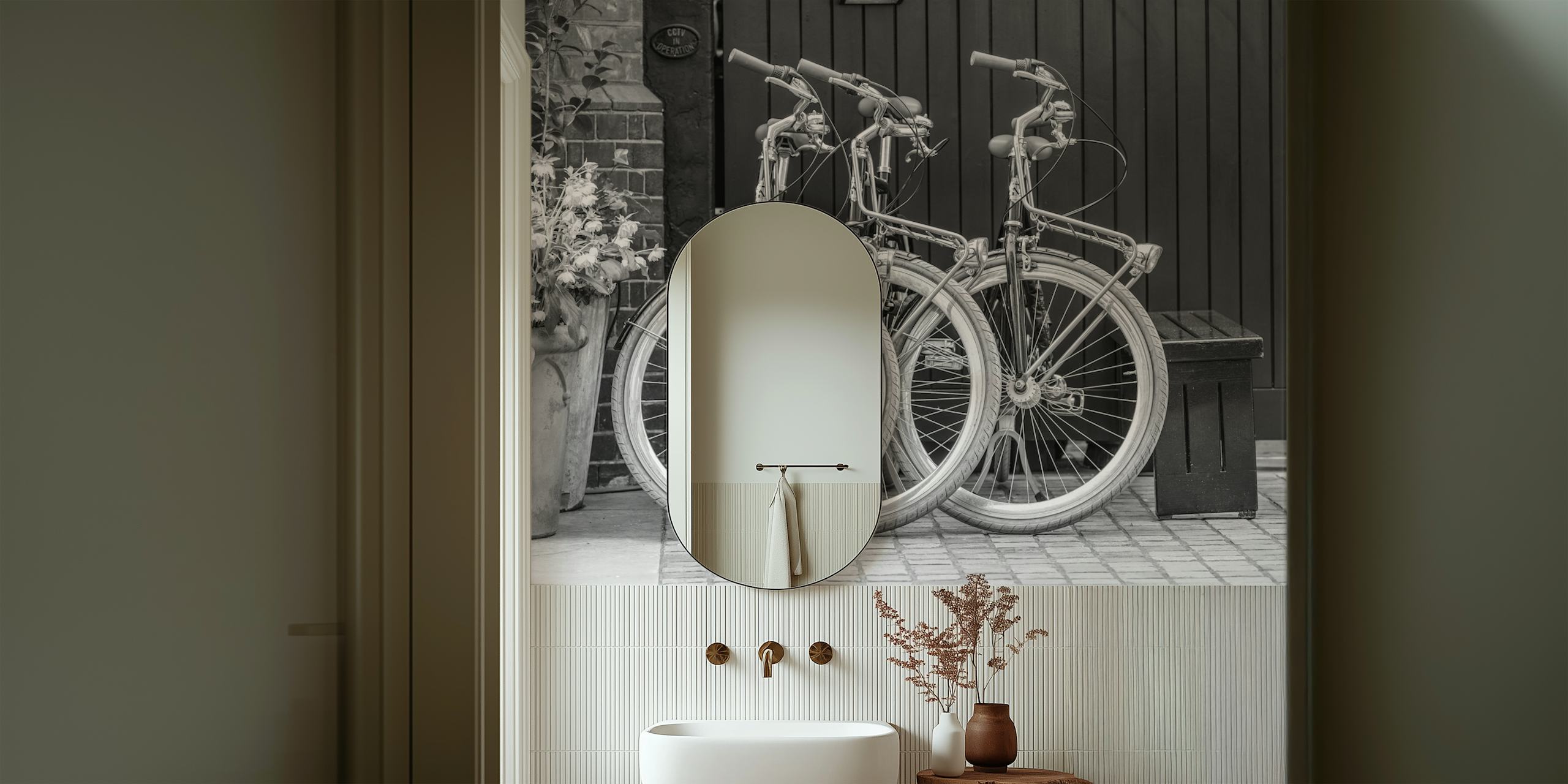 Cycles parked outside in black and white wallpaper