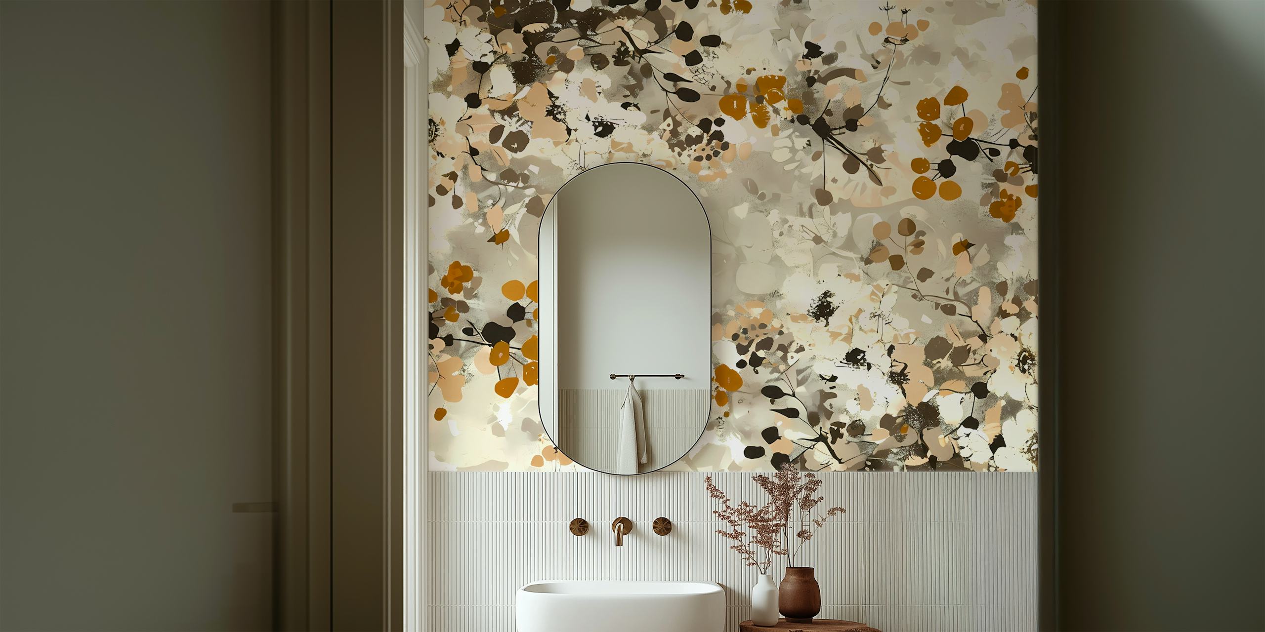 Flowery design with warm browns and creams in a floral pattern wallpaper