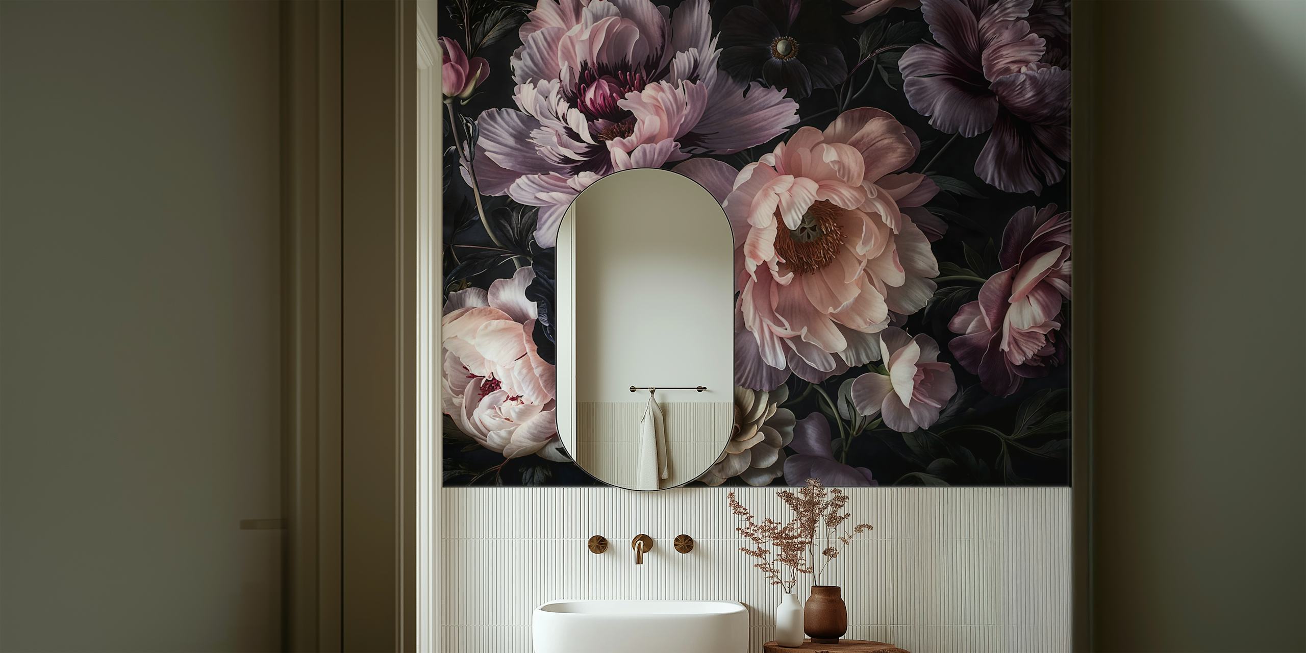 A moody pastel florals wall mural featuring majestic baroque-style flowers with dusky pink and deep purple tones.