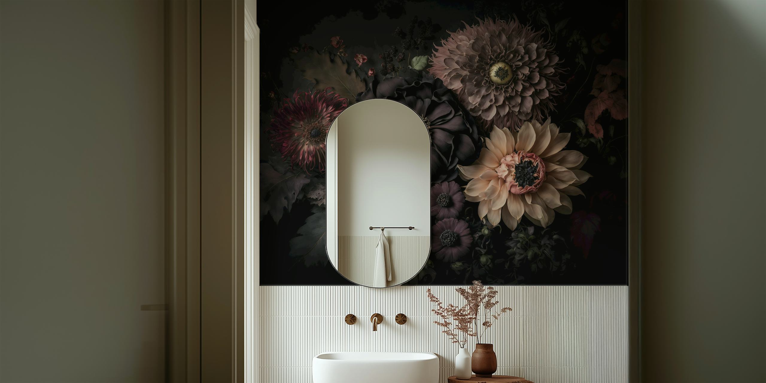 Donkere bloemen in verschillende tinten op zwart achtergrond wallpaper