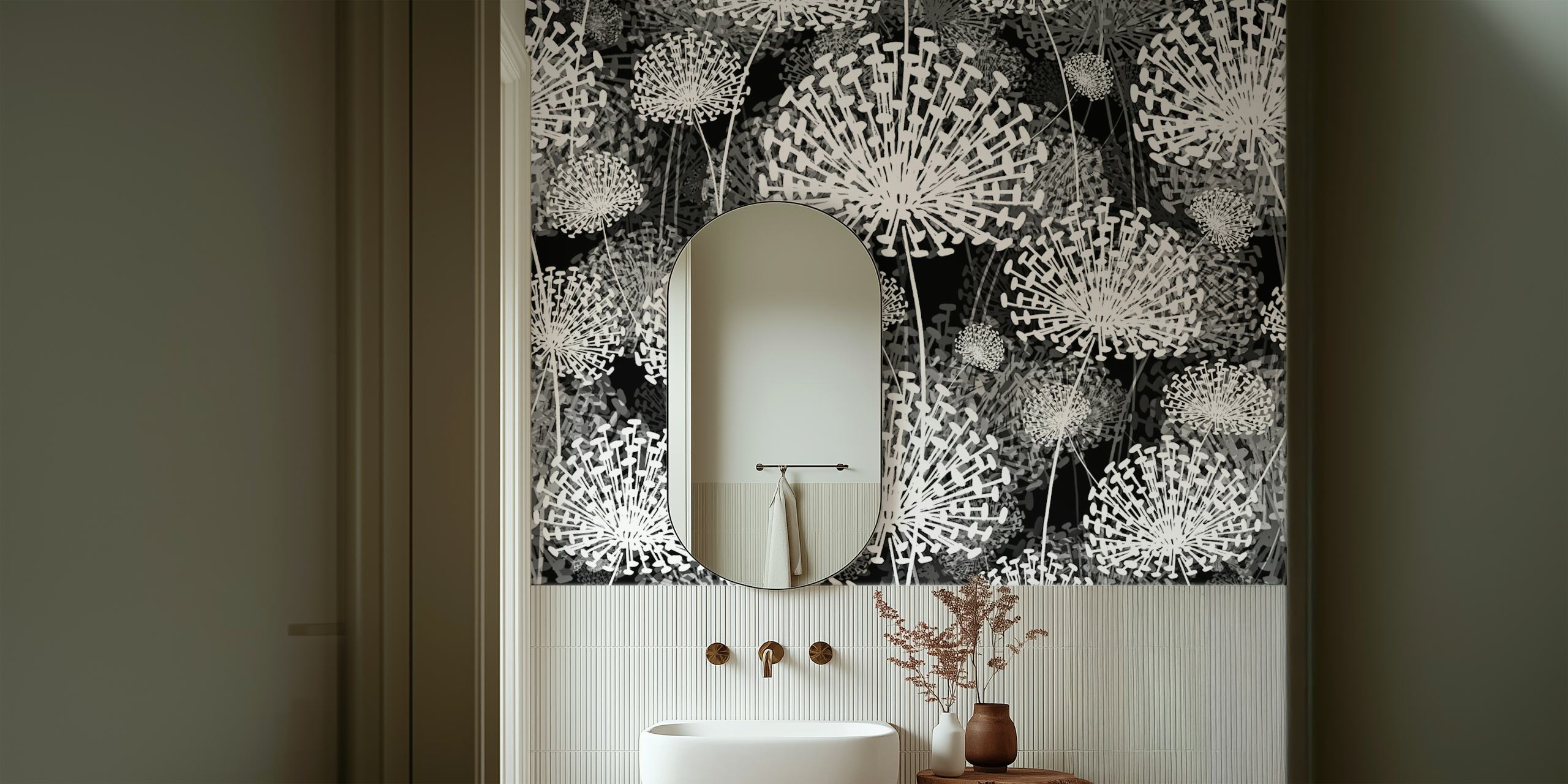 Carta da parati Dandelions in bianco e nero in una stanza
